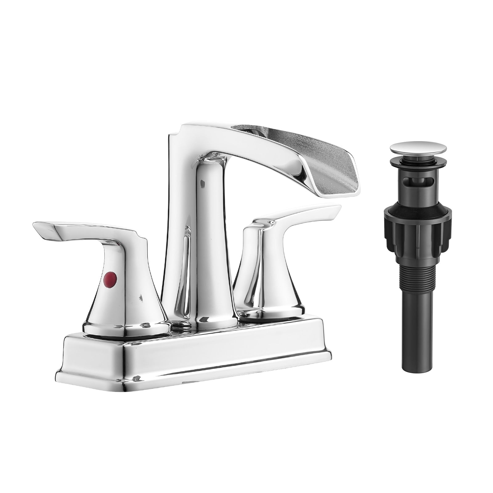 Bathroom Faucet 4 Inch Centerset Waterfall Faucet With 2 Handles 360 Degree Swivel Spout 3 Hole Sink Pop Up Drain