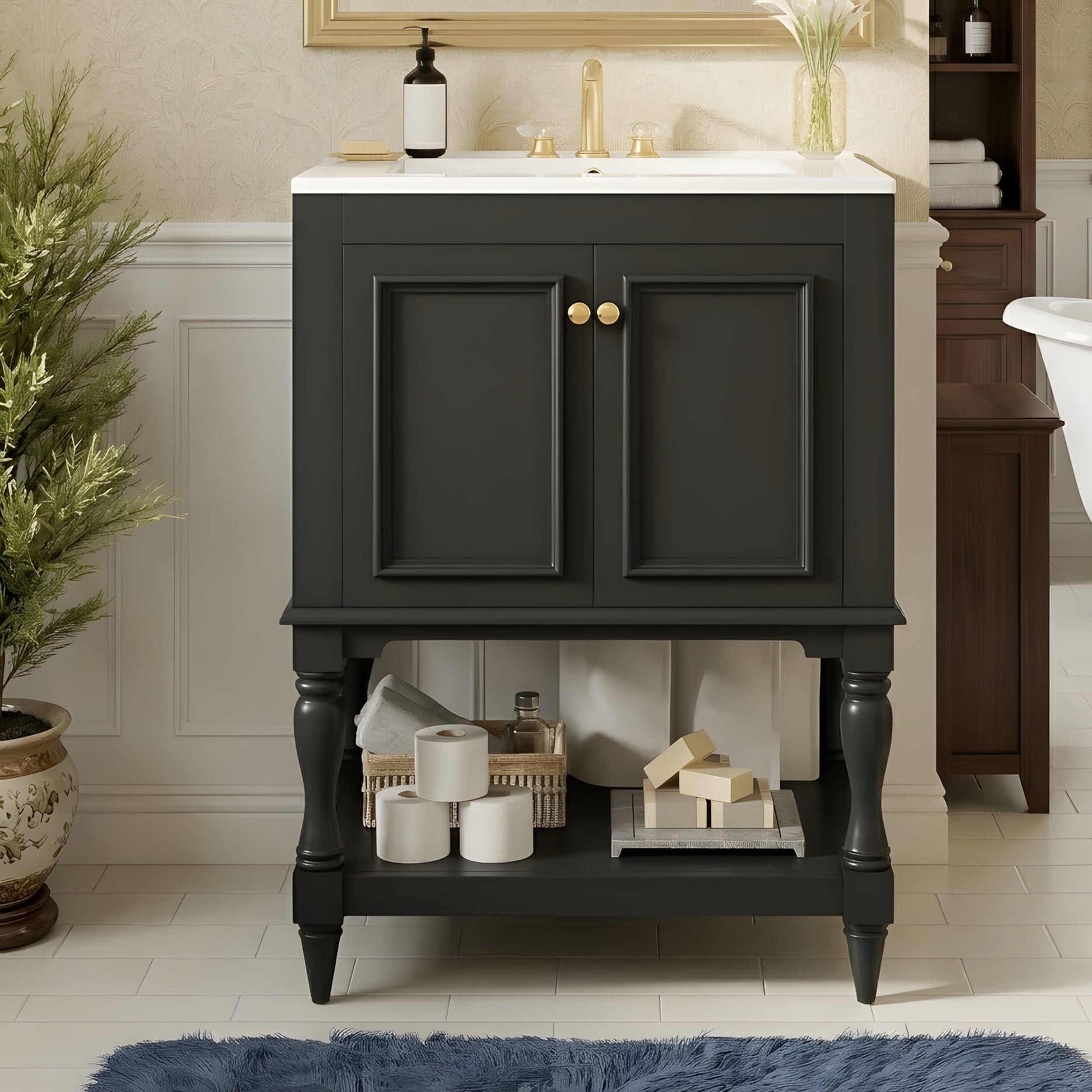 Bathroom Vanity With Ceramic Sink Bathroom Cabinet With Open Shelf And Closed Storage