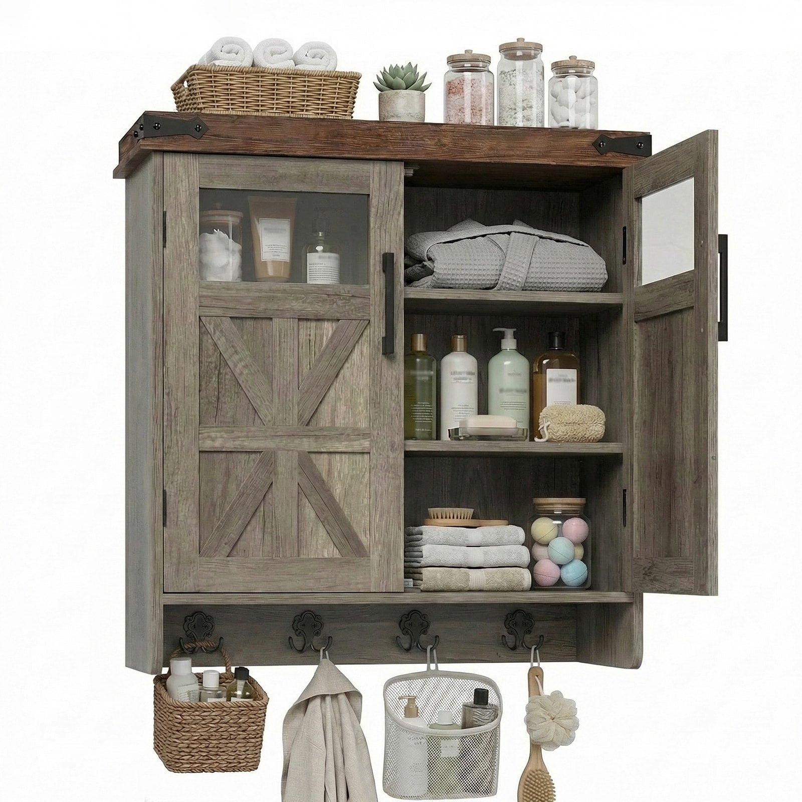 Bathroom Wall Cabinet Over Toilet With Adjustable Shelves Medicine Cabinet Storage Organizer Hanging Towel Hook Space Saving