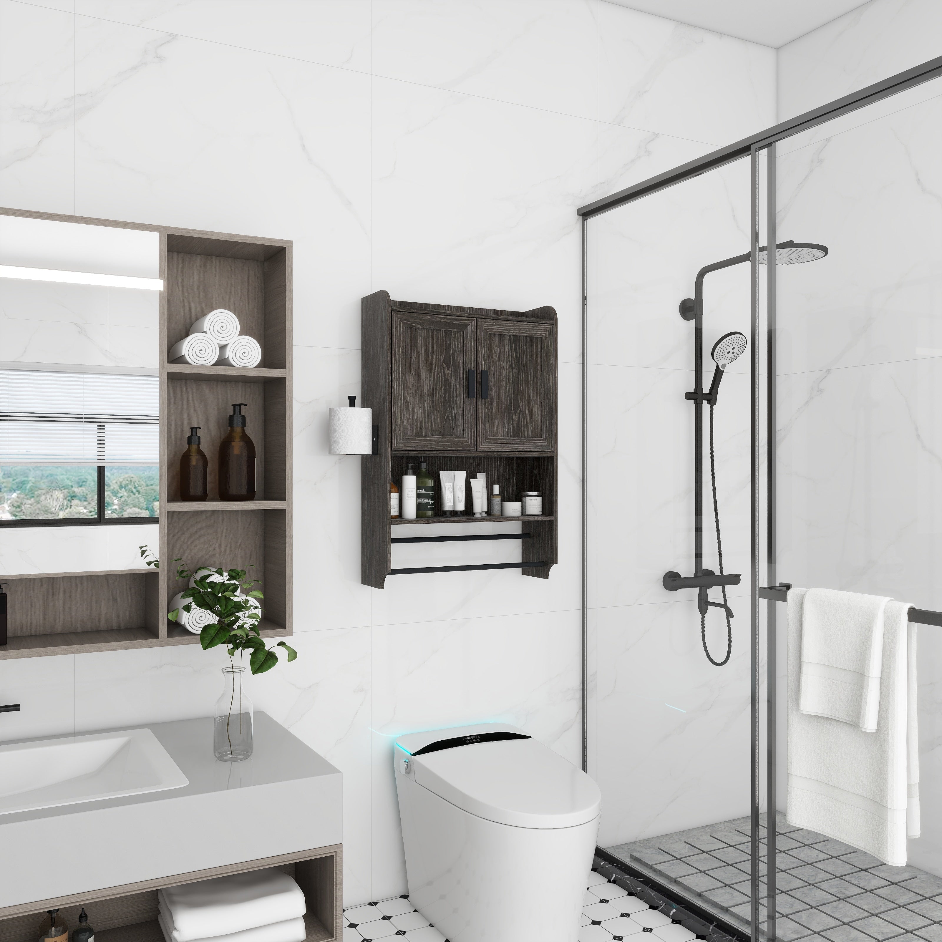 Bathroom Wall Cabinet With Doors Adjustable Shelf Towel Bar And Paper Holder Over The Toilet Storage Cabinet Medicine Cabinet