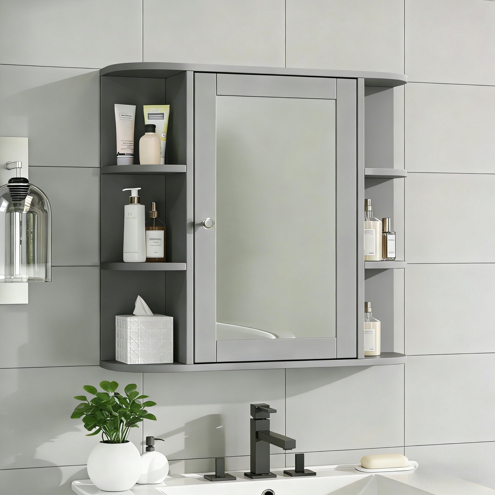 Bathroom Wall Storage Cabinet With Mirror With Adjustable Wood Shelf Doors Mounted Storage Cabinets With 6 Open Shelves
