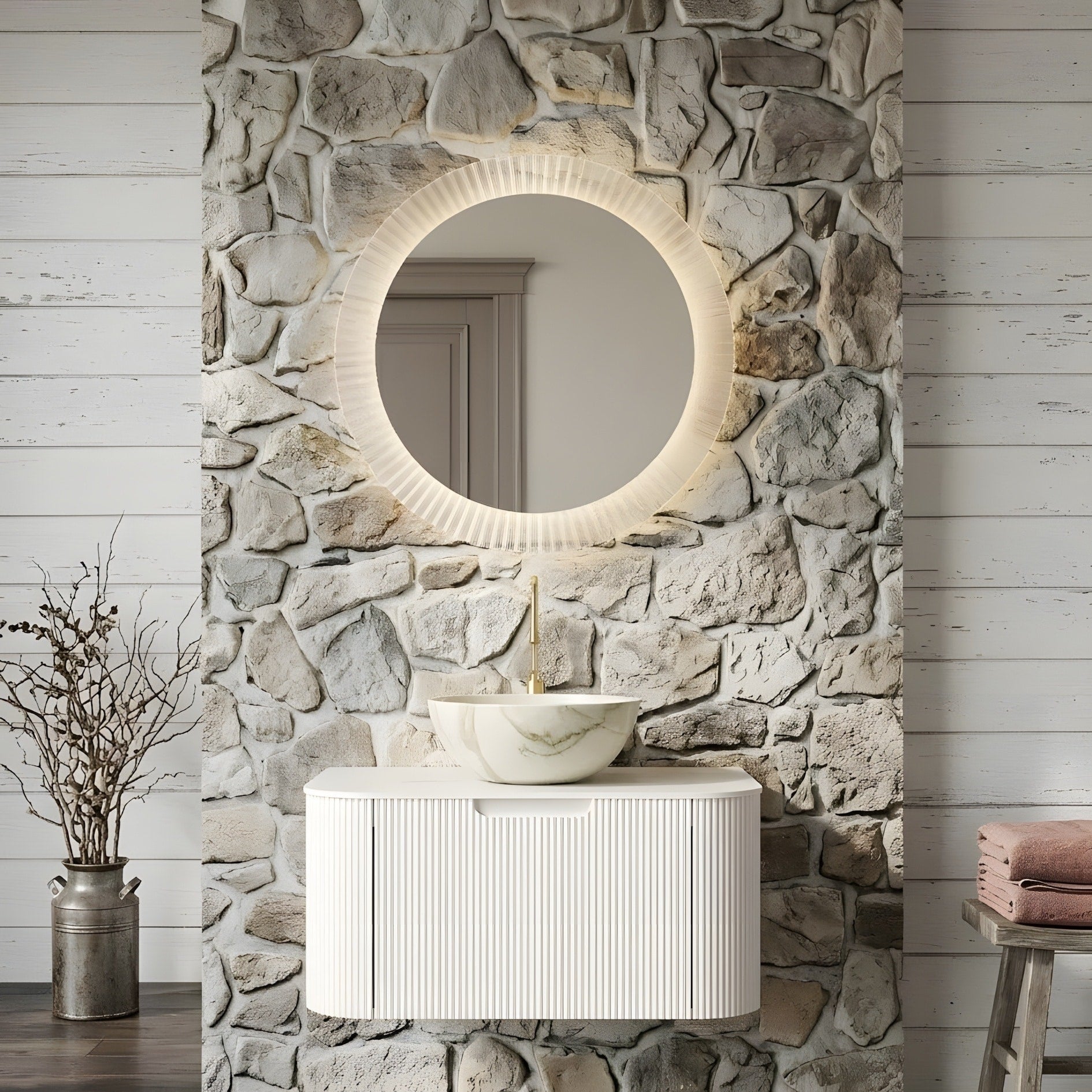 Bathroom Vanity And Sink Featuring A Matte White Stone Basin