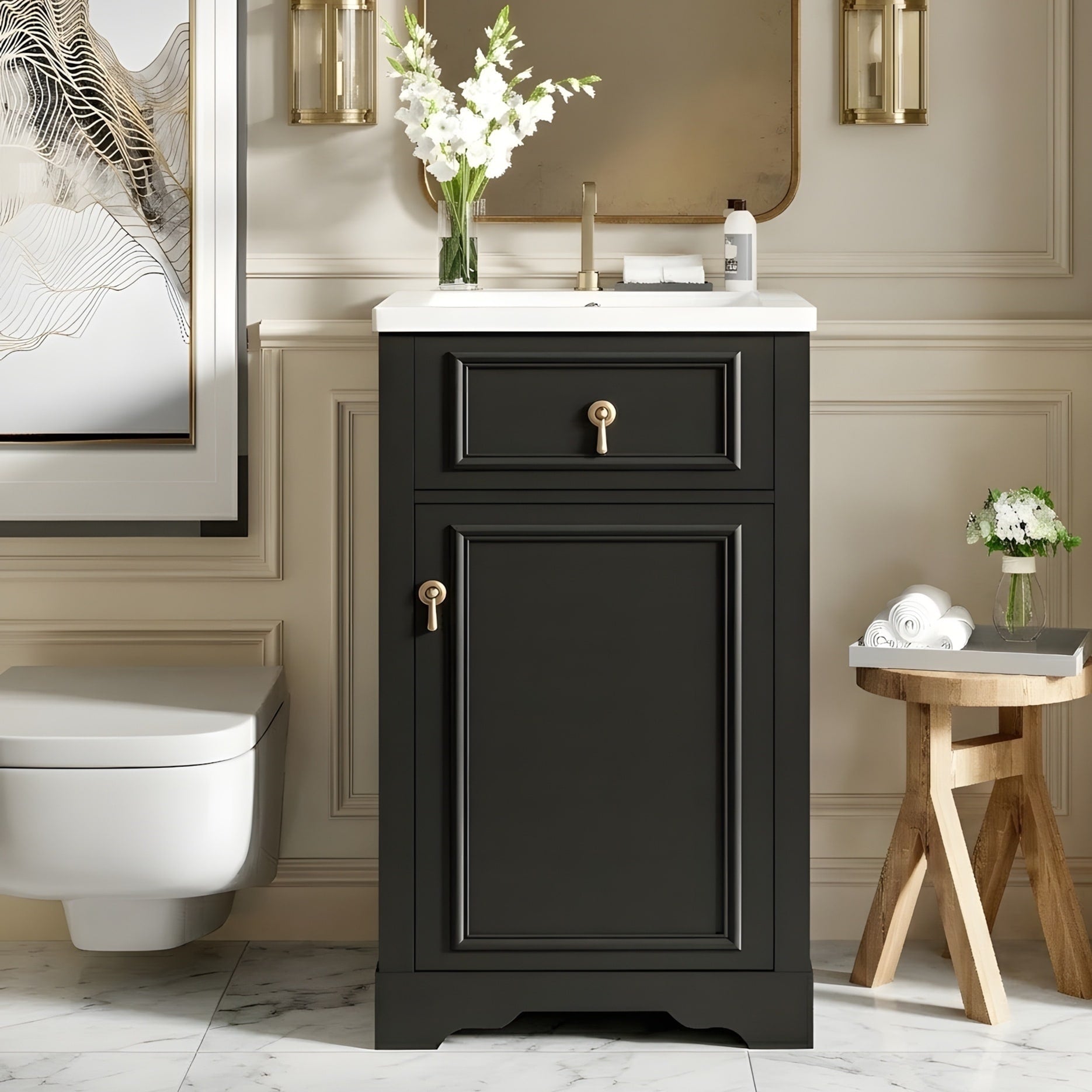 Bathroom Vanity With A Ceramic Sink Soft Close Doors Adjustable Shelves And Door Mounted Storage