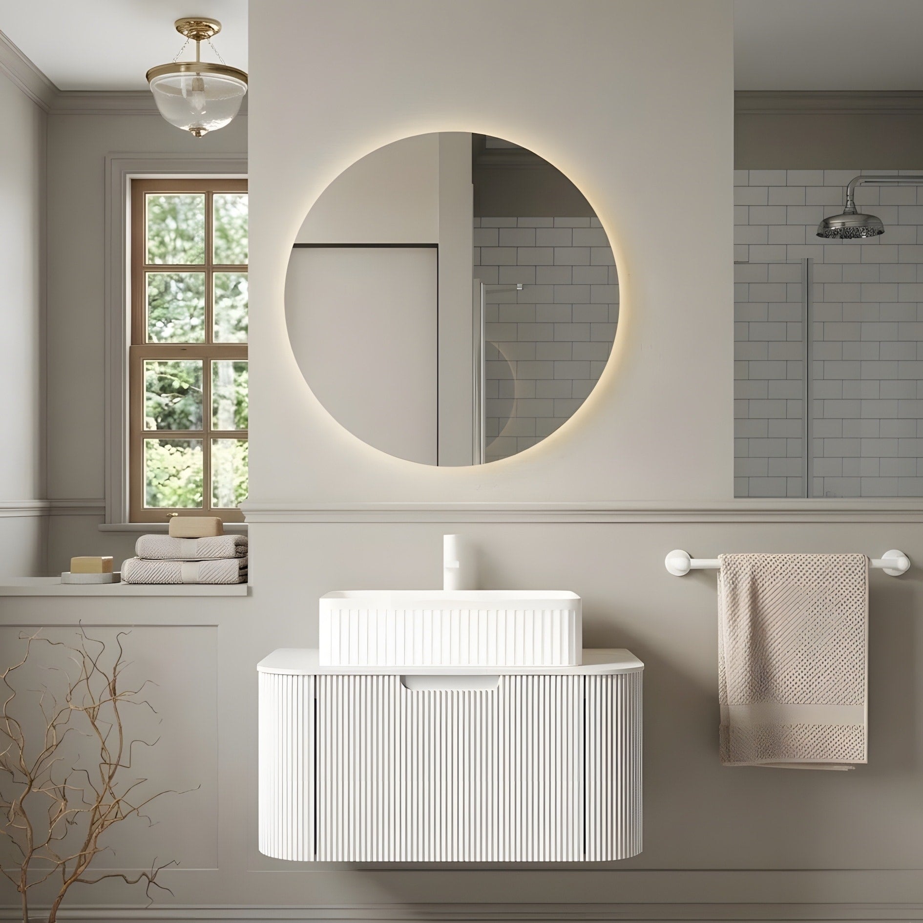 Bathroom Vanity With A White Rectangular Ceramic Basin And Sintered Stone Countertop