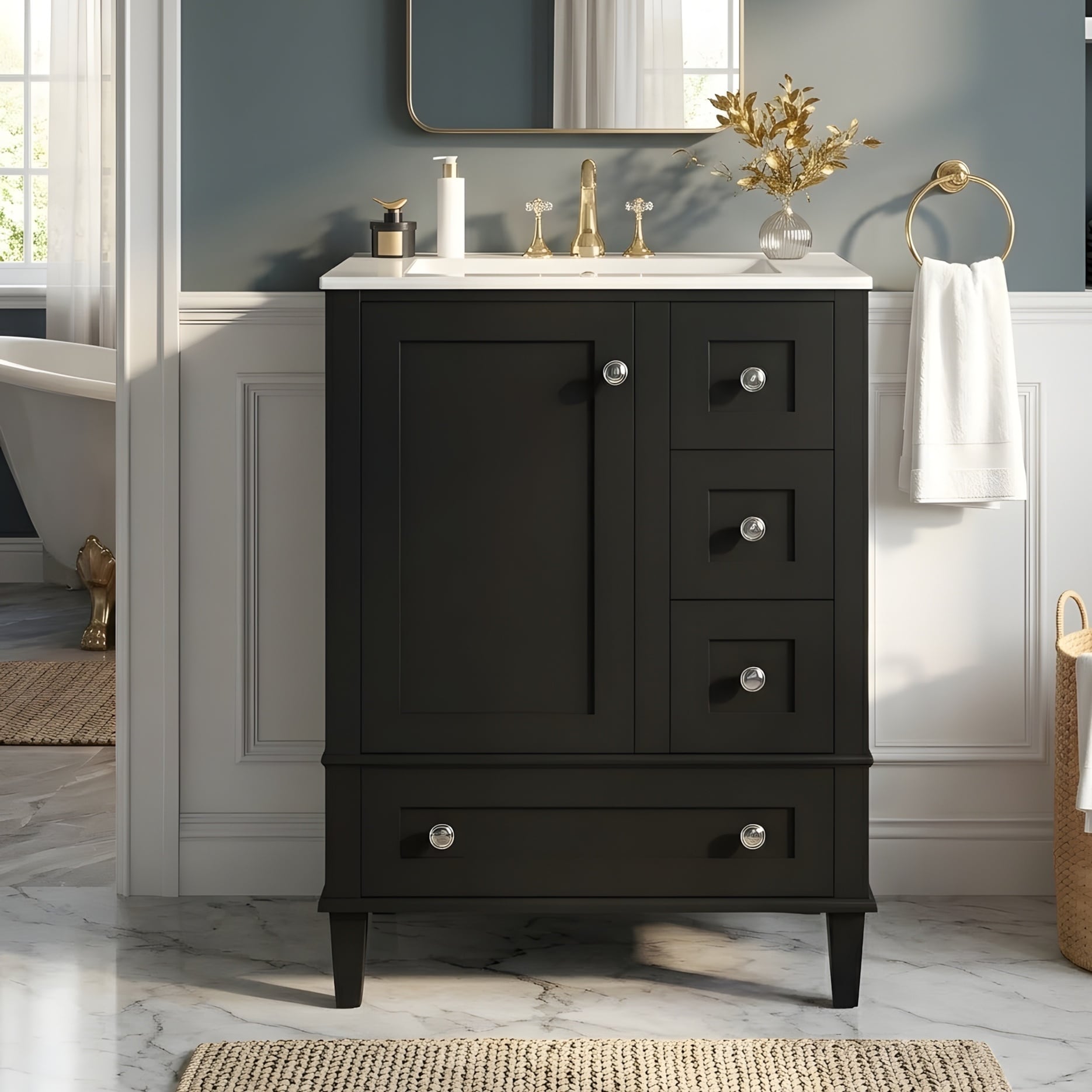 Bathroom Vanity With Double Tiered Shelves On The Door