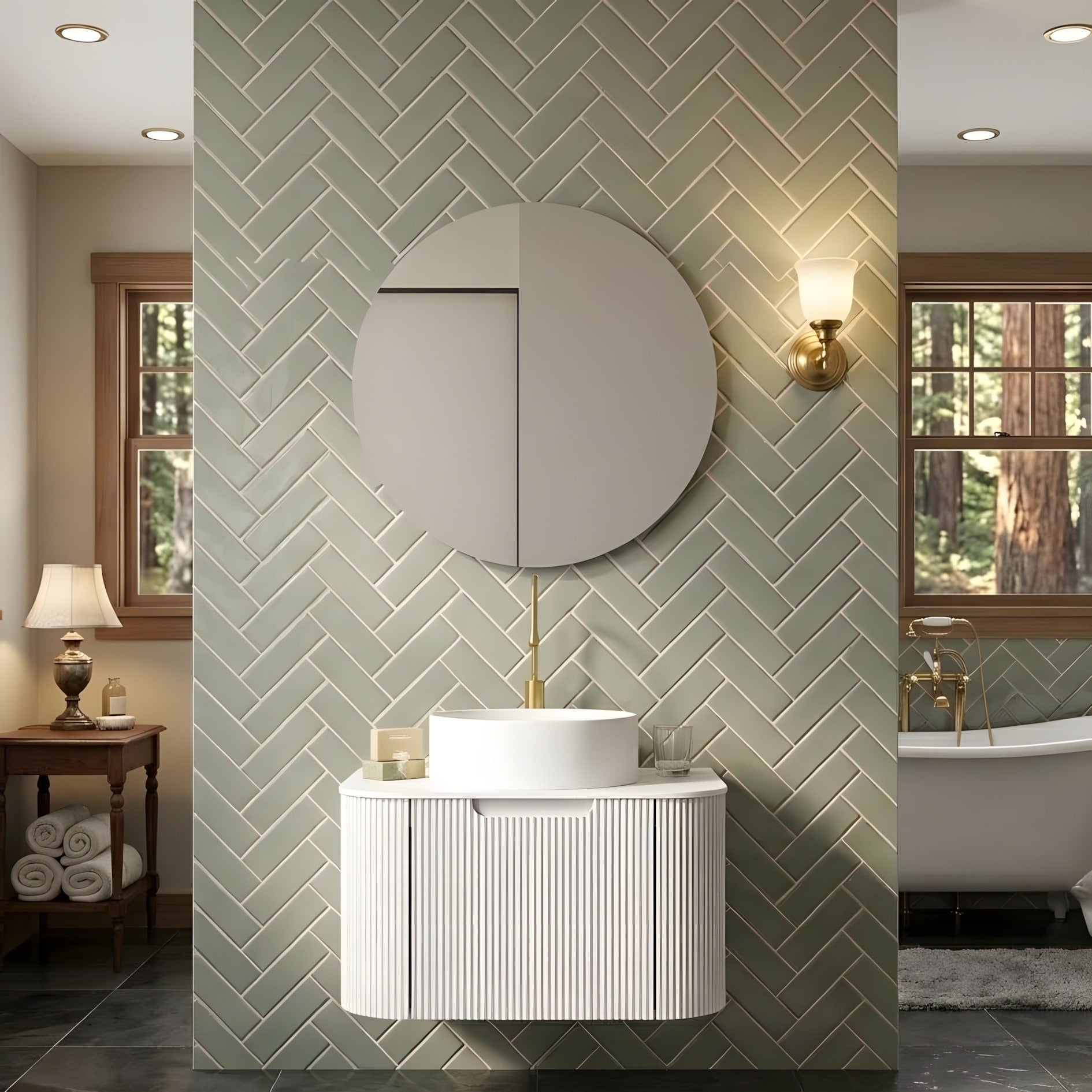 Bathroom Vanity With Drawers White Round Ceramic Sink And Sintered Stone Countertop