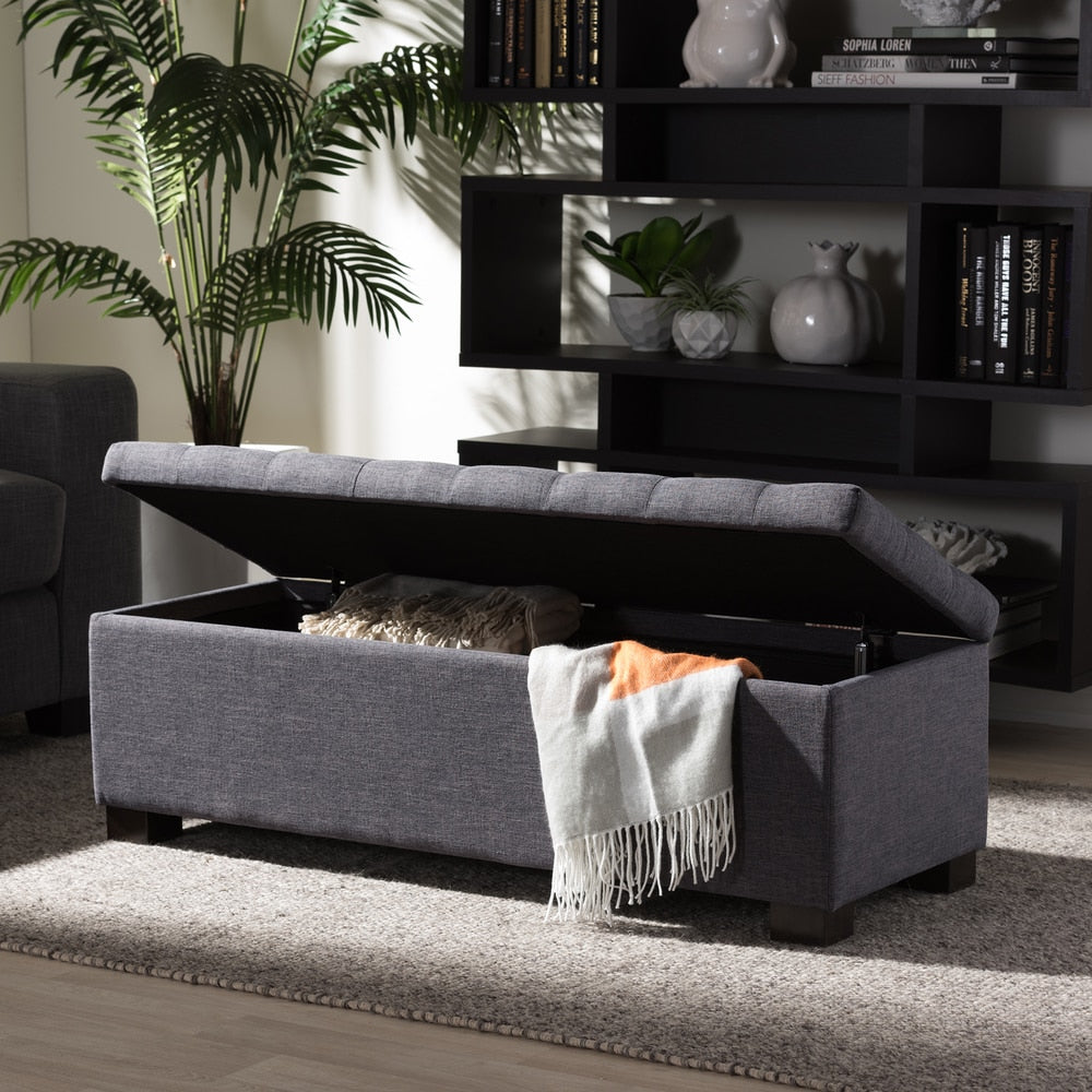 Baxton Studio Alcmene Modern And Contemporary Dark Grey Fabric Upholstered Grid Tufting Storage Ottoman Bench