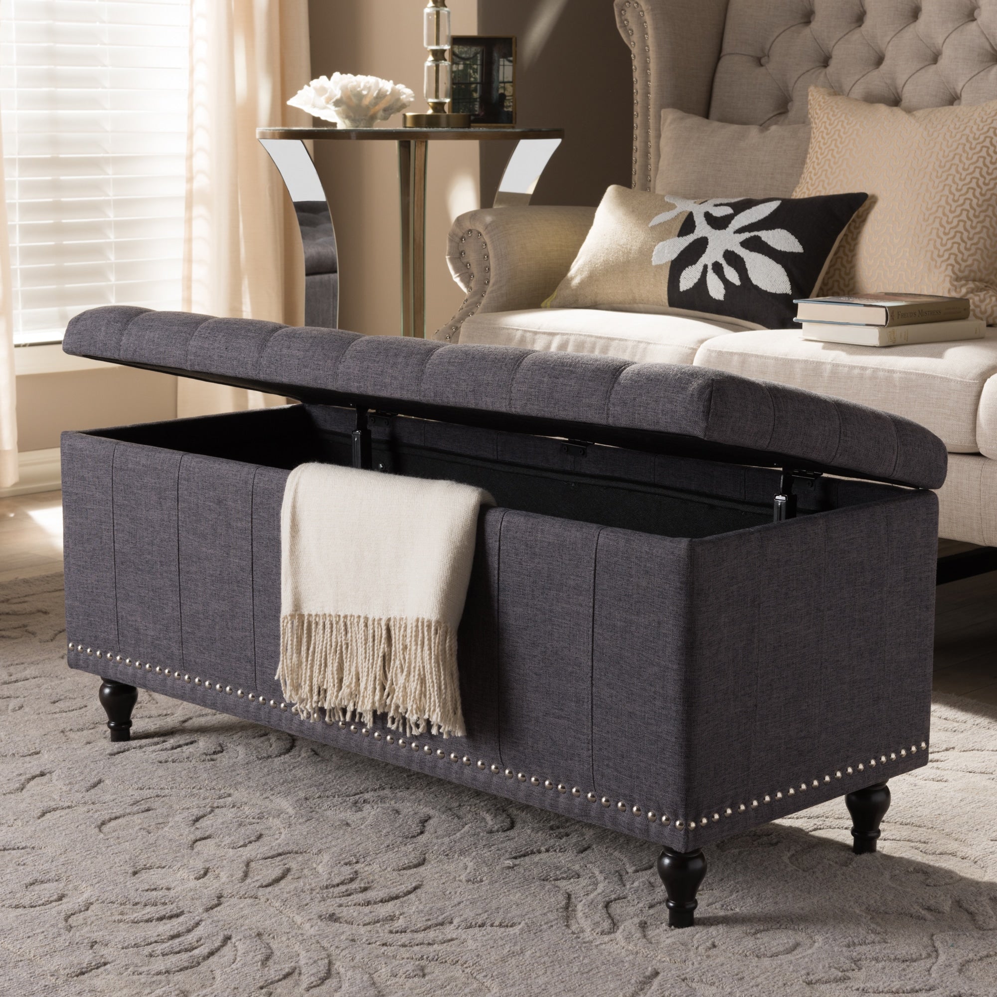 Baxton Studio Alexio Modern Classic Dark Grey Fabric Upholstered Button Tufting Storage Ottoman Bench