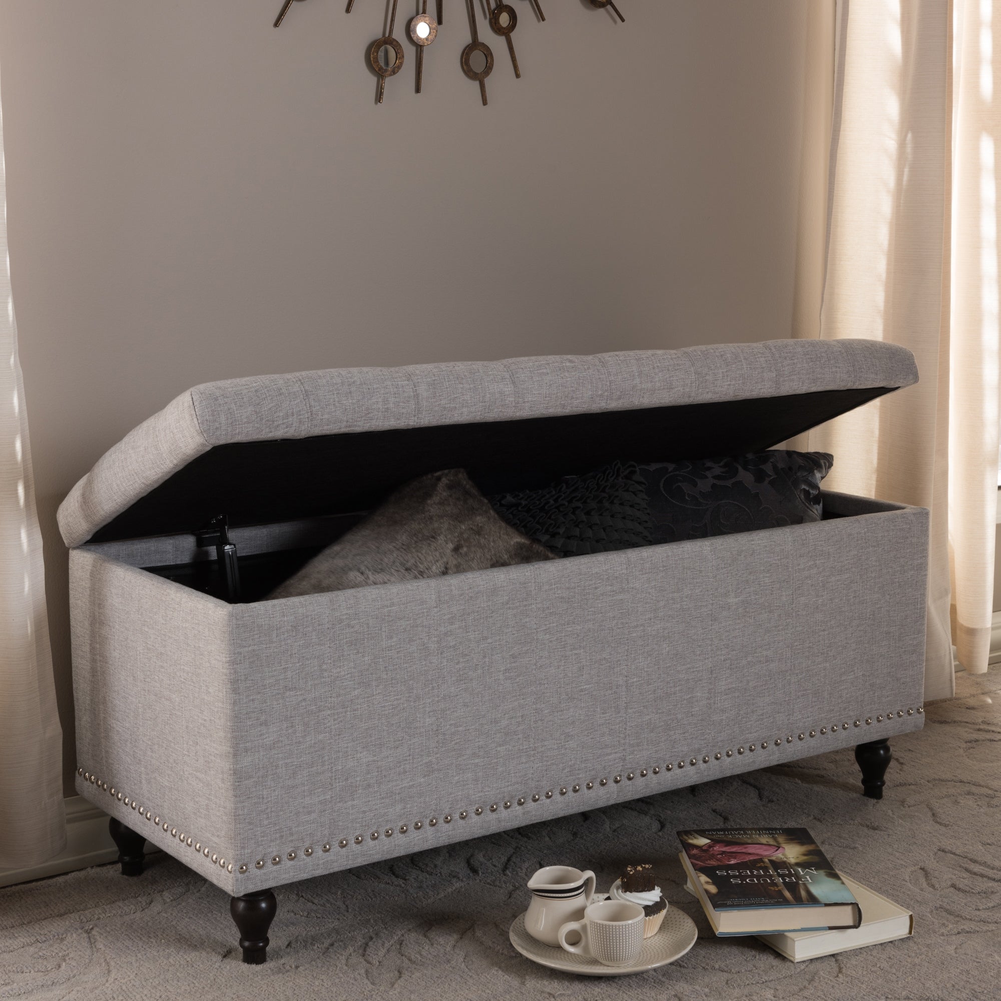 Baxton Studio Alexio Modern Classic Grayish Beige Fabric Upholstered Button Tufting Storage Ottoman Bench