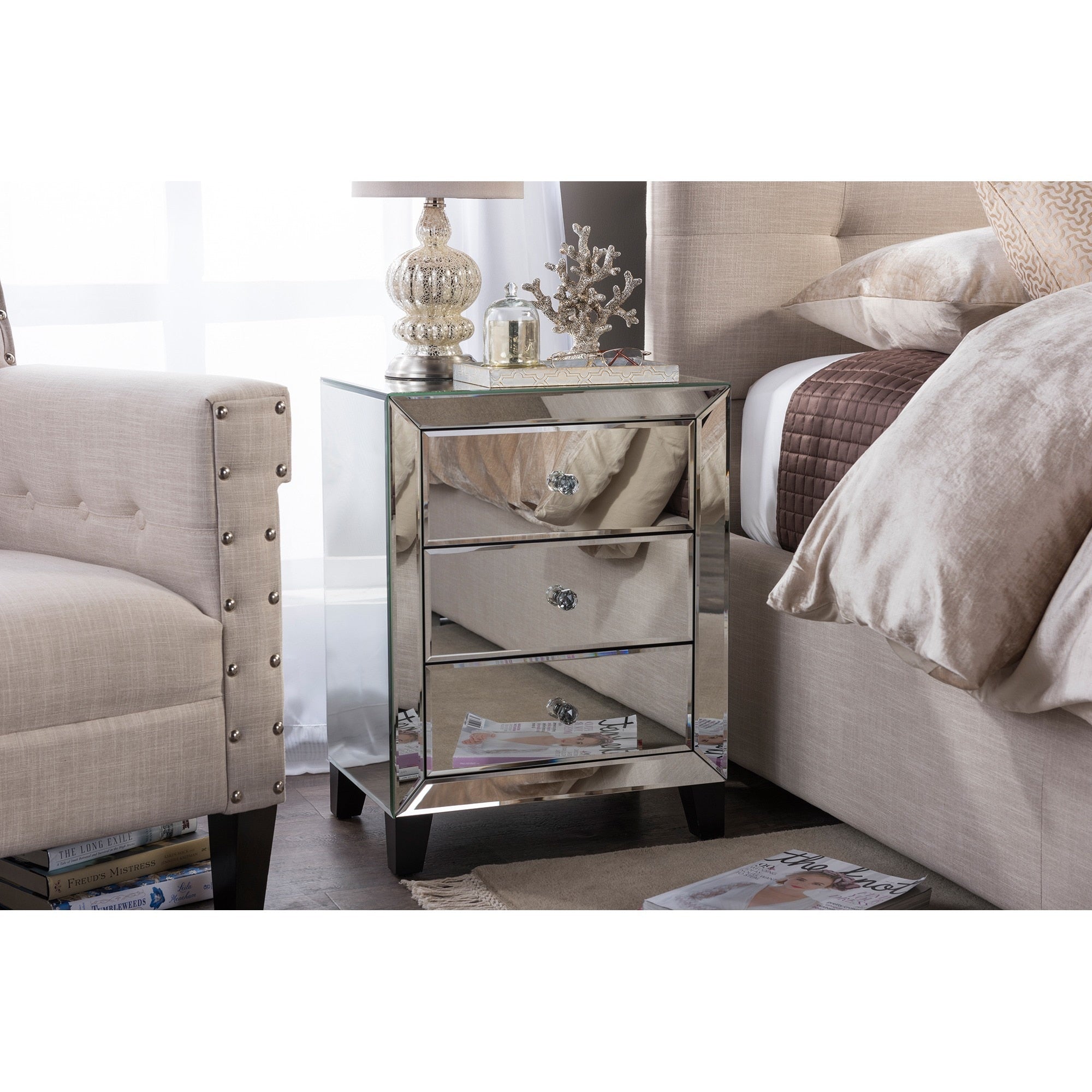 Baxton Studio Chevron Contemporary Hollywood Regency Glamour Style Mirrored 3 Drawers Bedside Nightstand Table
