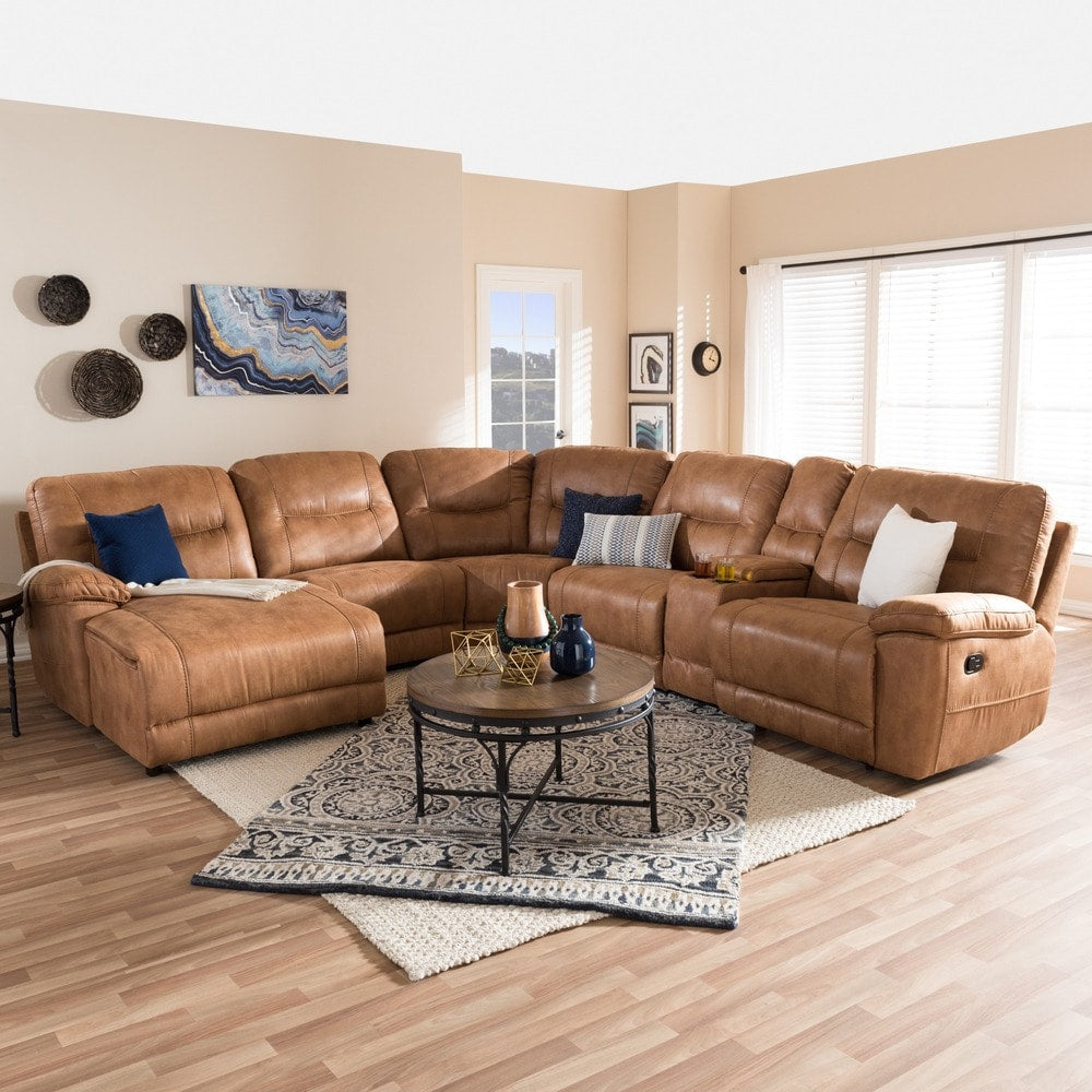Baxton Studio Eukleides Modern And Contemporary Light Brown Palomino Suede 6 Piece Sectional With Recliners Corner Lounge Suite