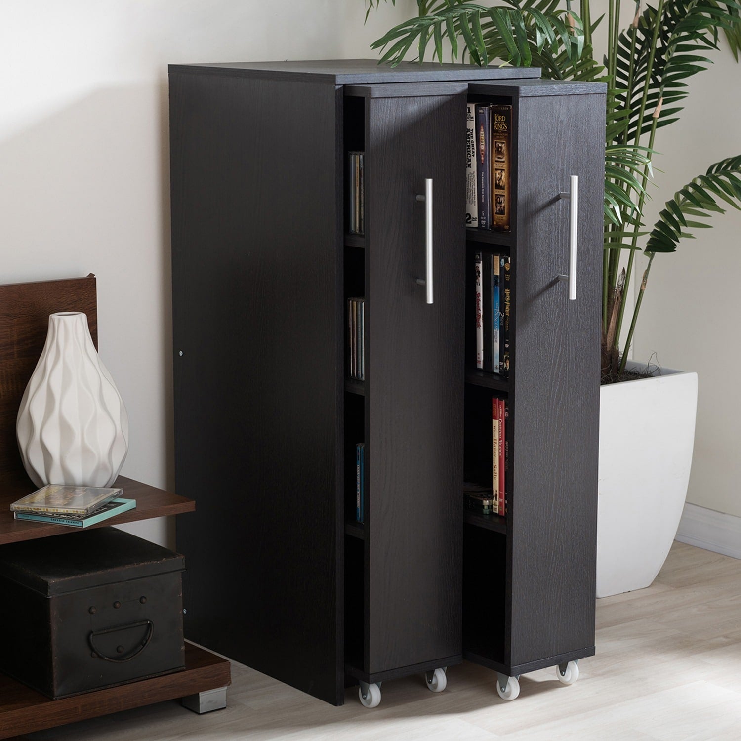 Baxton Studio Lindo Dark Brown Wood Bookcase With Two Pulled Out Doors Shelving Cabinet