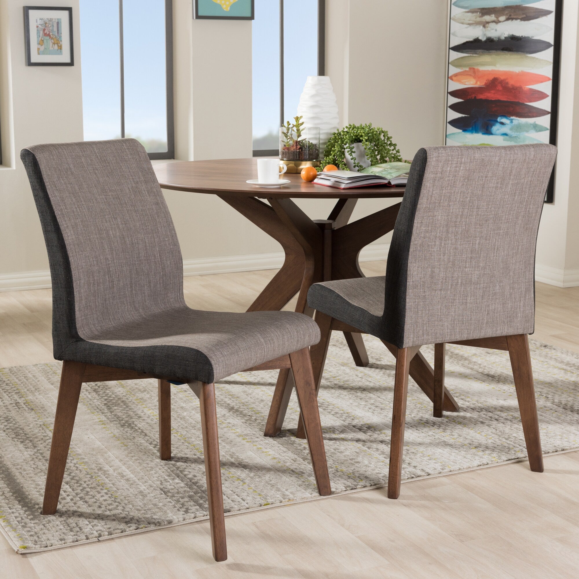 Baxton Studio Mid Century Beige And Brown Fabric 2 Piece Dining Chair Set