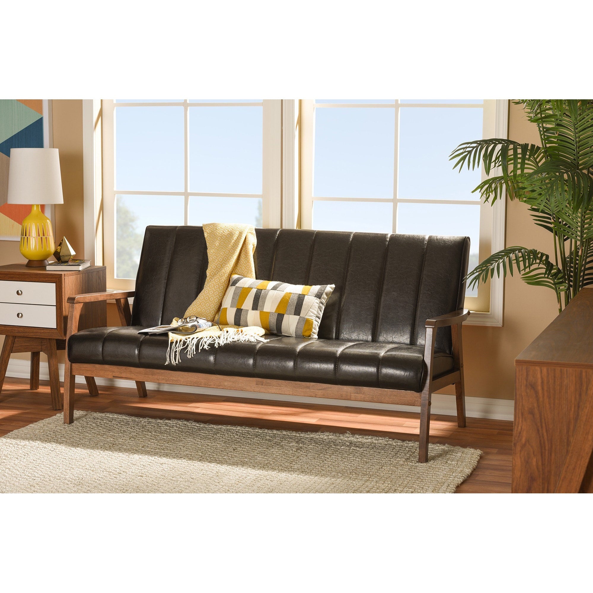 Baxton Studio Nikko Mid Century Modern Scandinavian Style Dark Brown Faux Leather Wooden 3 Seater Sofa