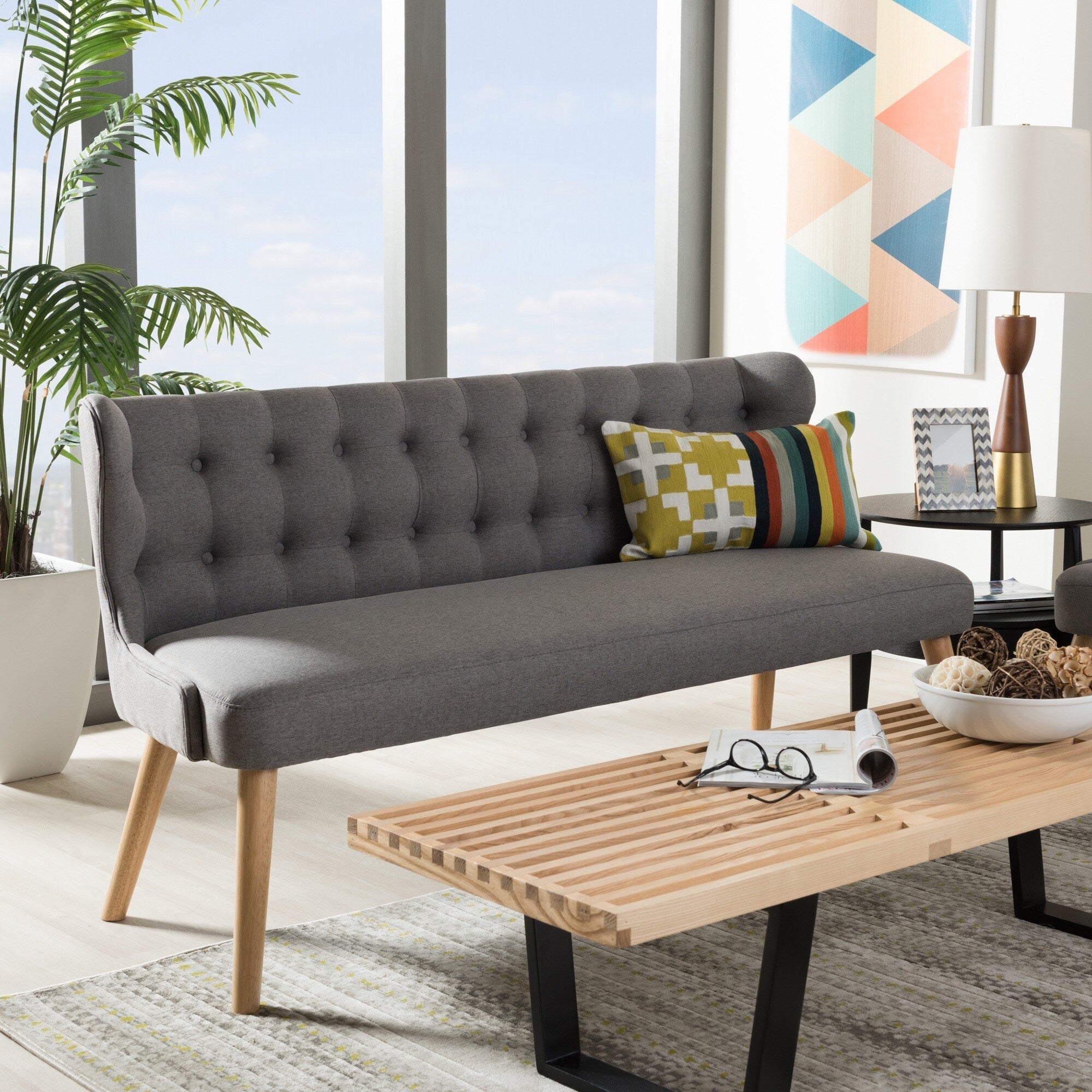 Baxton Studio Parthenia Mid Century Modern Grey Fabric And Natural Wood Finishing 3 Seater Settee Bench