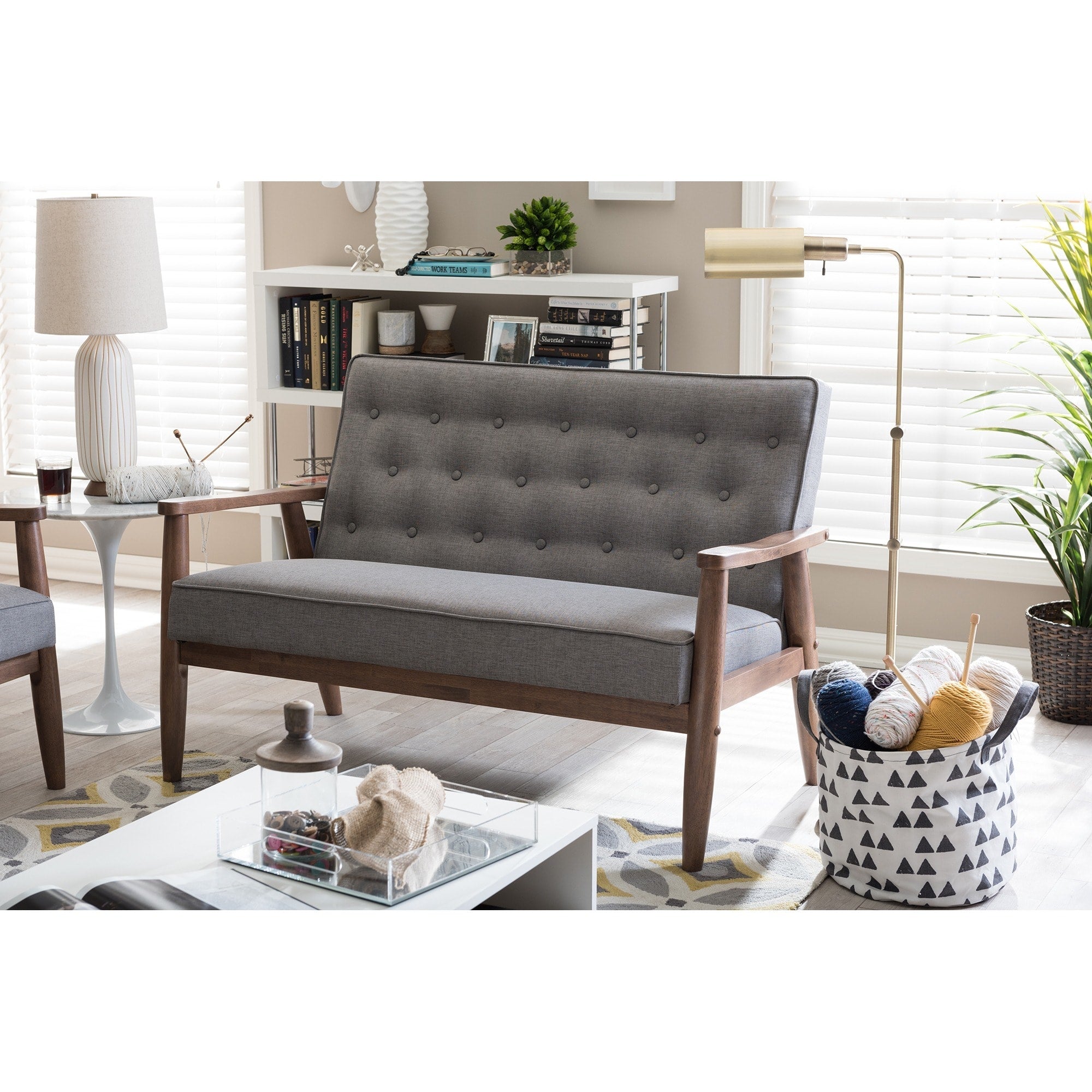 Baxton Studio Sorrento Mid Century Retro Modern Grey Fabric Upholstered Wooden 2 Seater Loveseat