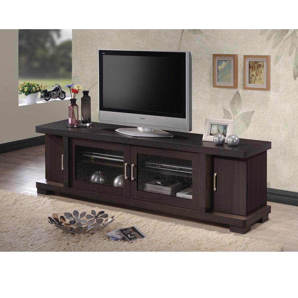 Porch Den Kittery Contemporary 70 Inch Dark Brown Wood Tv Cabinet With 2 Glass Doors And 2 Doors