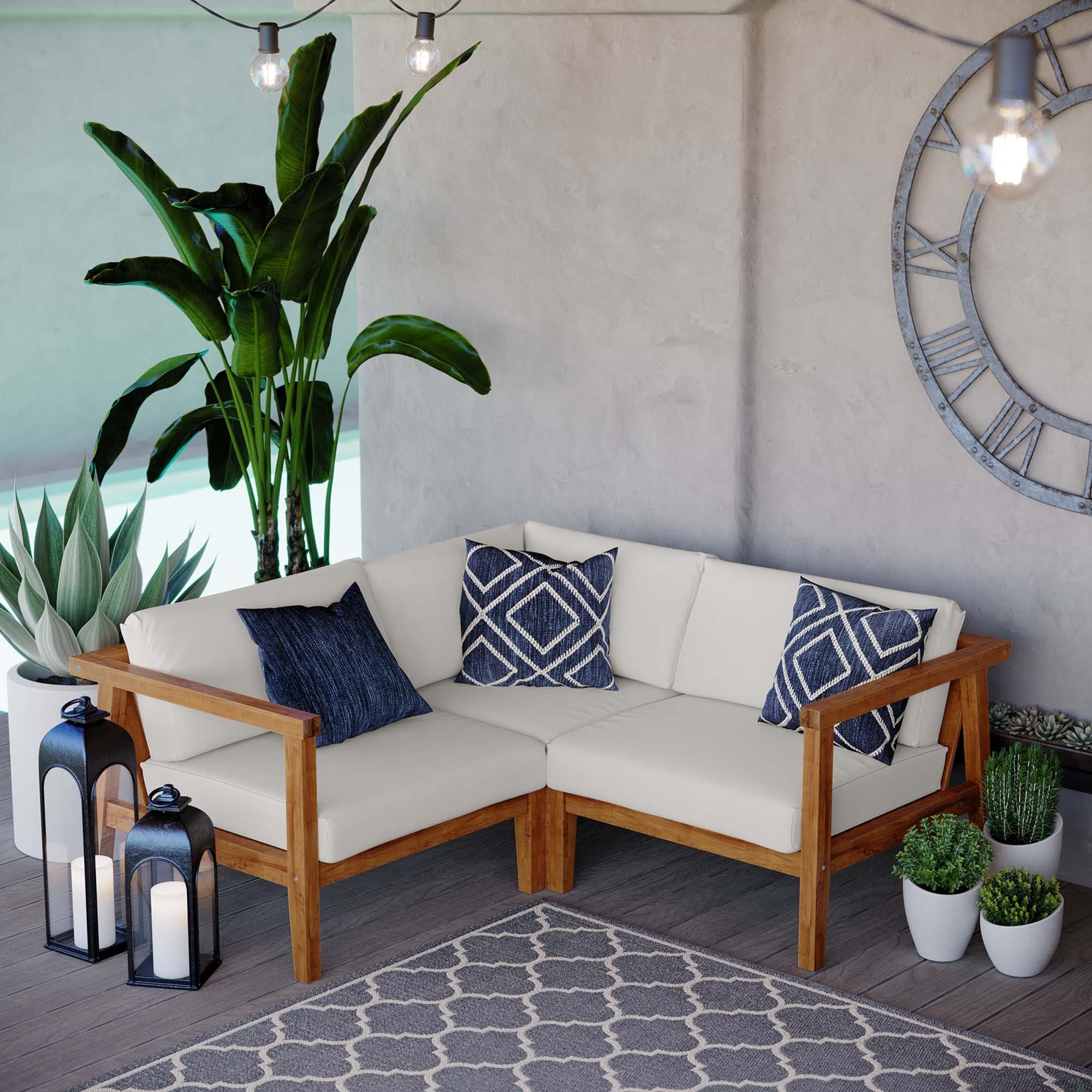 Bayport Outdoor Patio Teak Wood 3 Piece Sectional Sofa Set