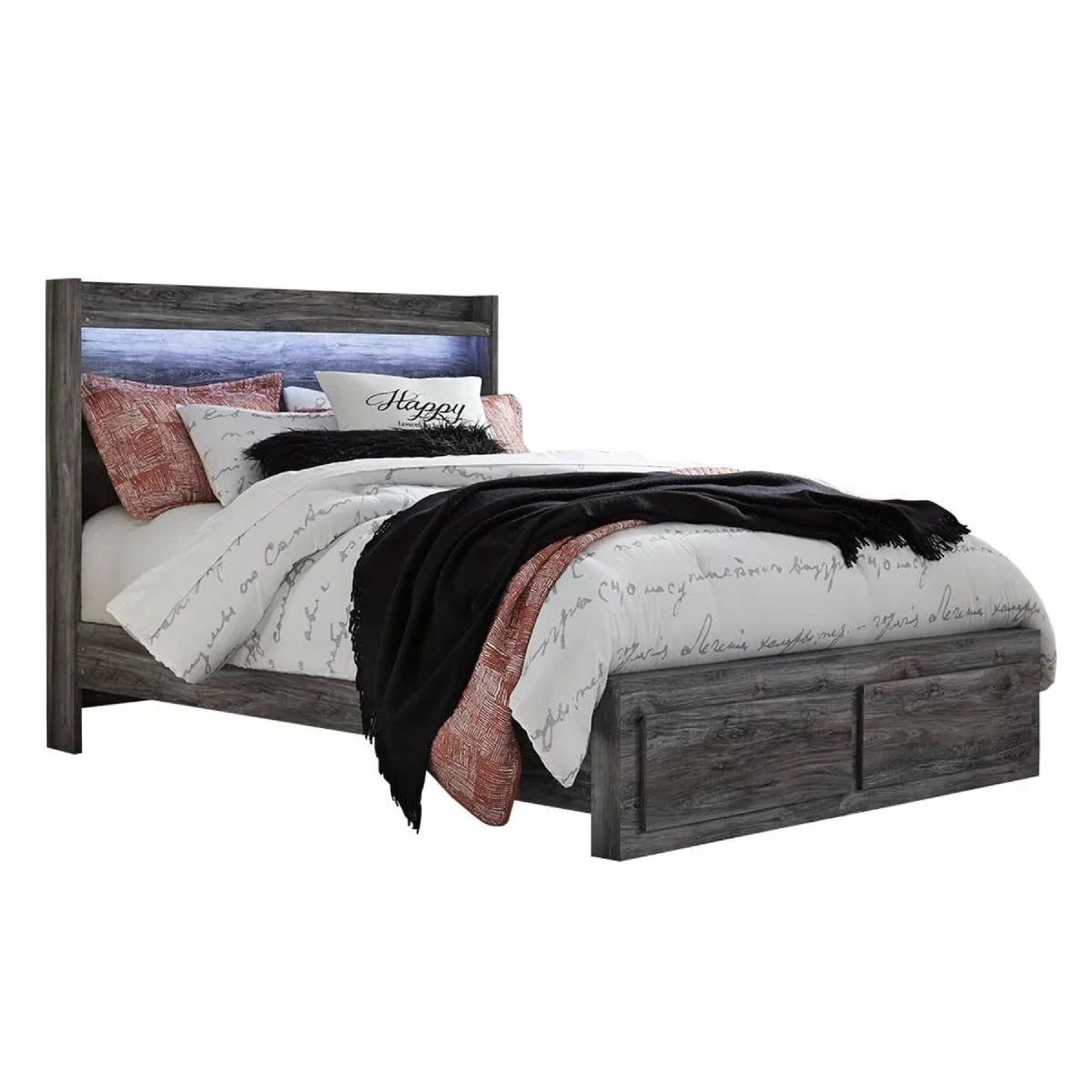 Bays Queen Size Storage Bed With 2 Drawers Driftwood Smoke Gray Led