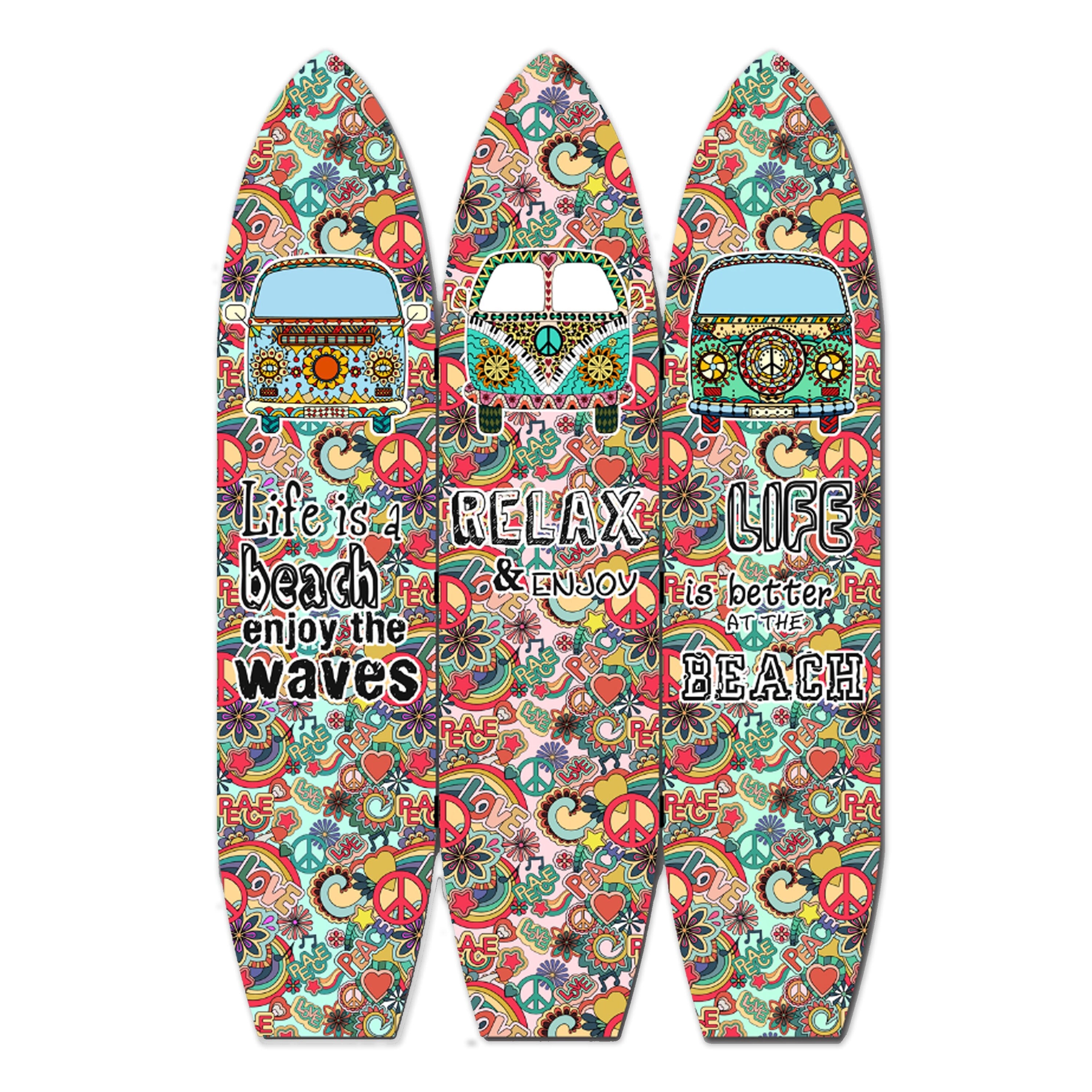 Beach Themed Surfboard Shaped 3 Panel Room Divider Multicolor