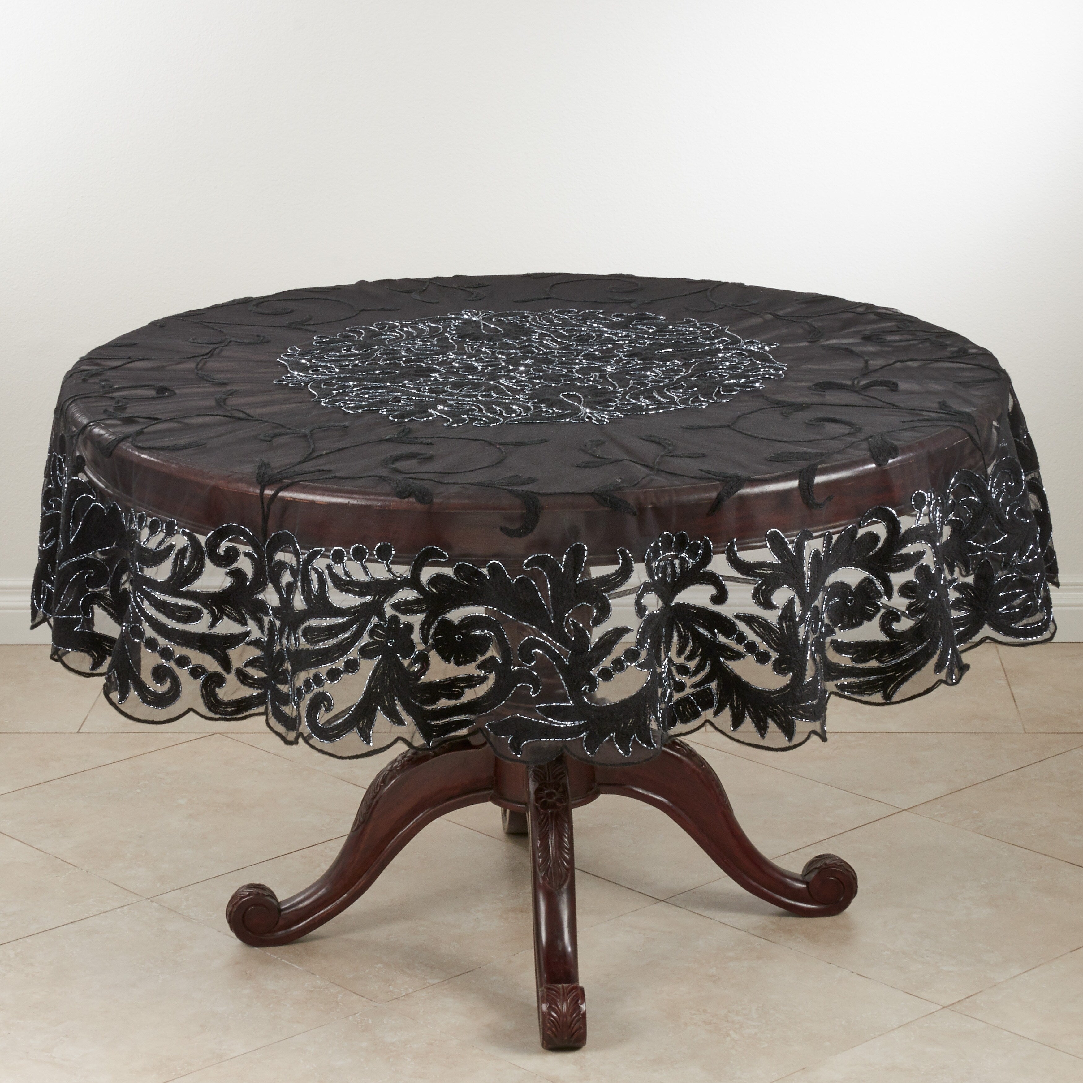 Beaded With Embroidery Sheer Scalloped Tablecloth