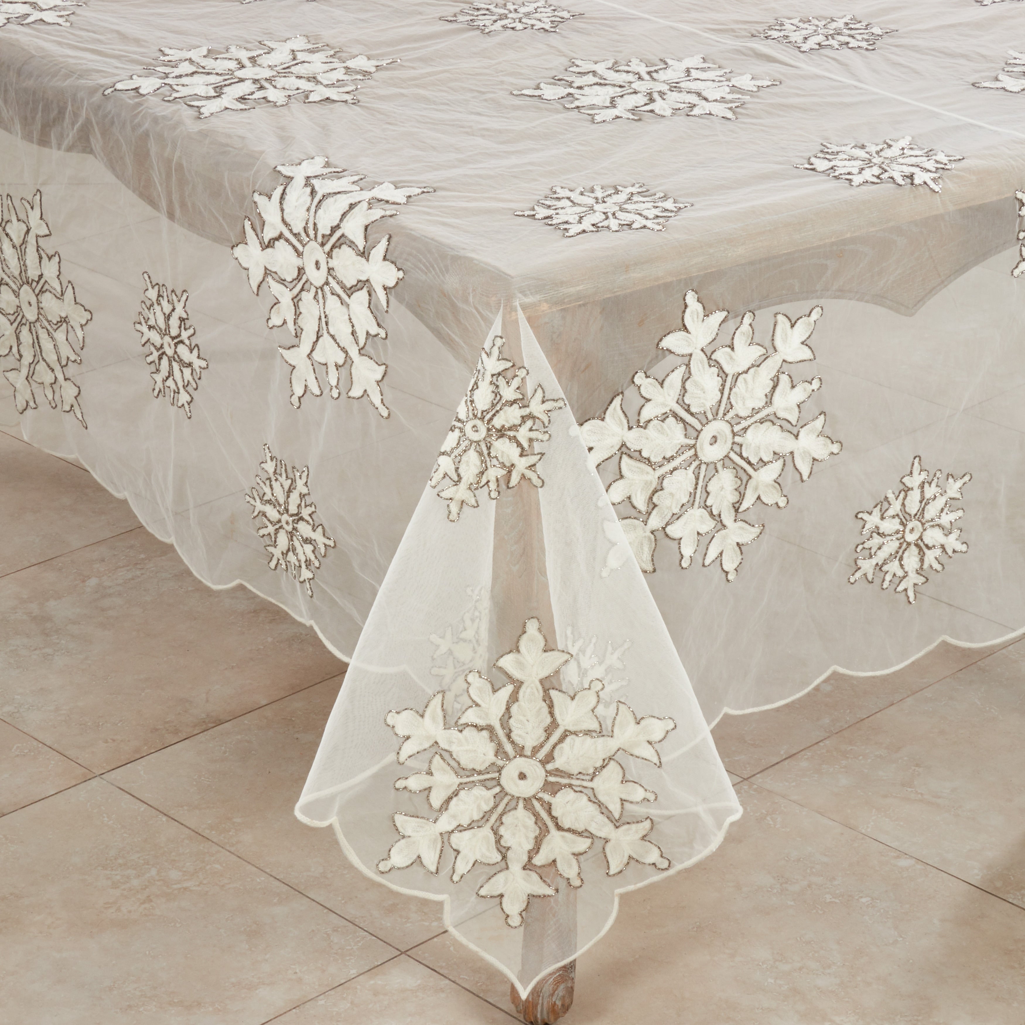 Beaded And Embroidered Winter Snowflake Tablecloth
