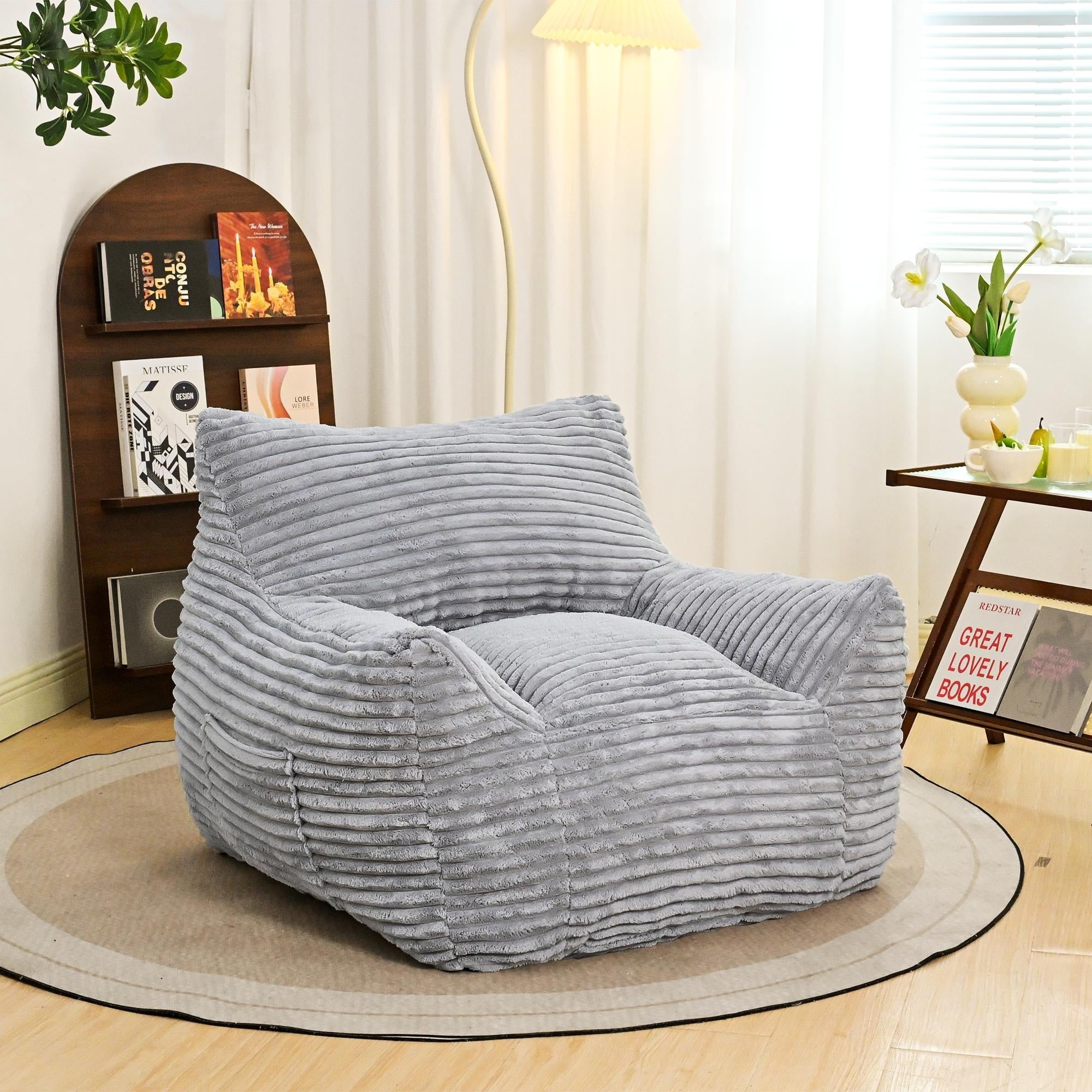 Bean Bag Chair For Adults With Armrests Oversized Comfy Beige Beanbag Lounge Lazy Floor Sofa Chair