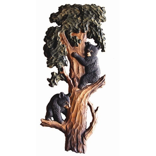 Bear Cubs In Tree Hand Crafted Intarsia Wood Art Wall Hanging 34 X 34 X 3 Inches