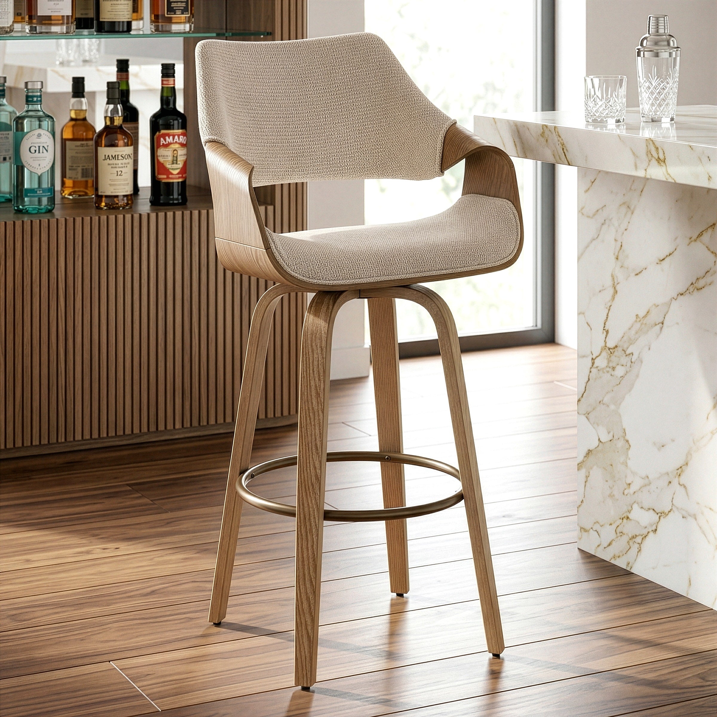 Beasley Beige Fabric Bar Stool With White Washed Wood Legs