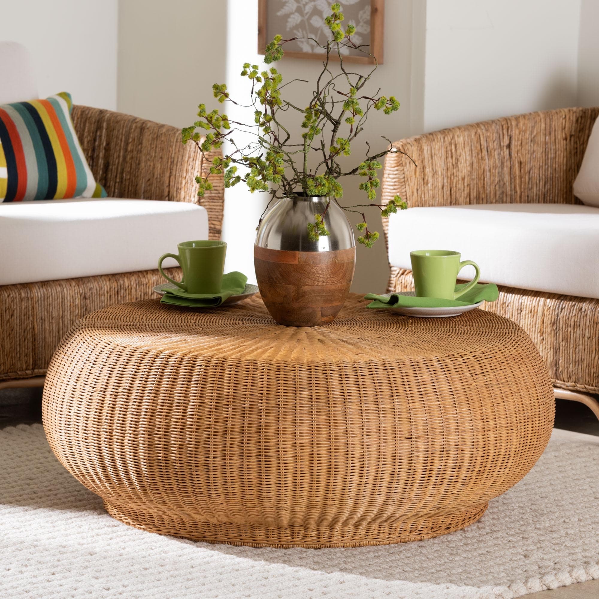 Beatriz Natural Rattan Coffee Table Handwoven Wicker Accent Table With Sculptural Drum Silhouette And Round Tabletop