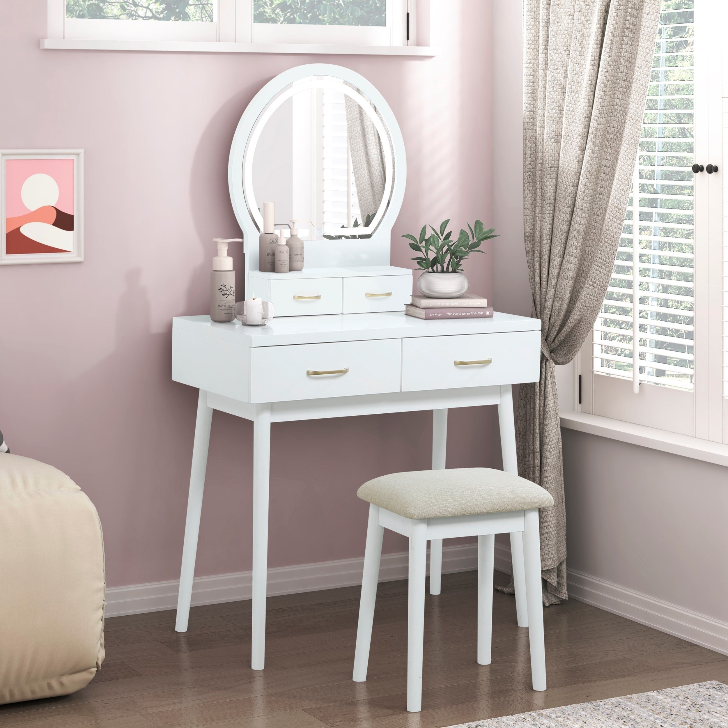 Beautiful White Finish Vanity Dresser With Mirror And Stool
