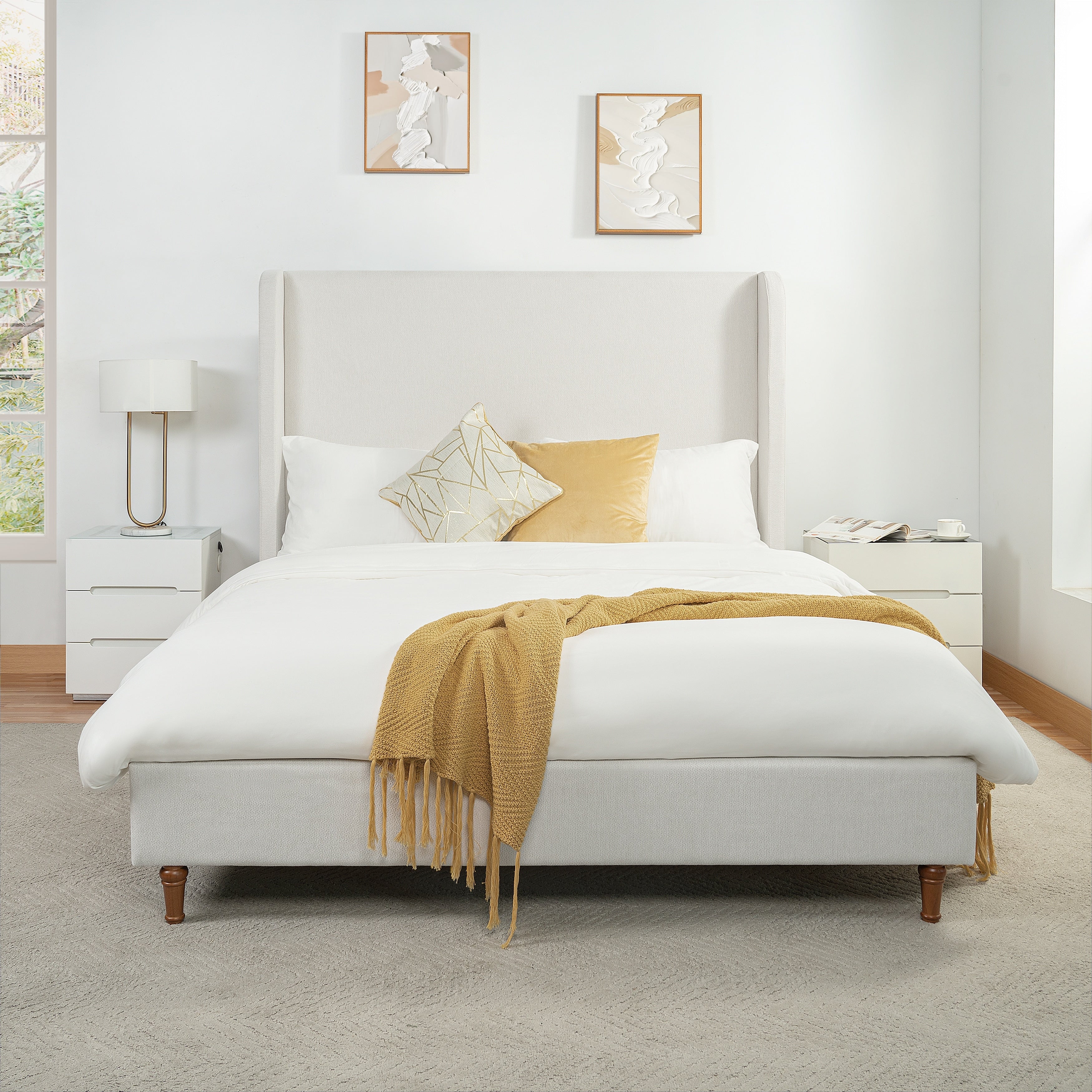 Bed Frame High Headboard Upholstered Platform Bed No Box Spring Needed