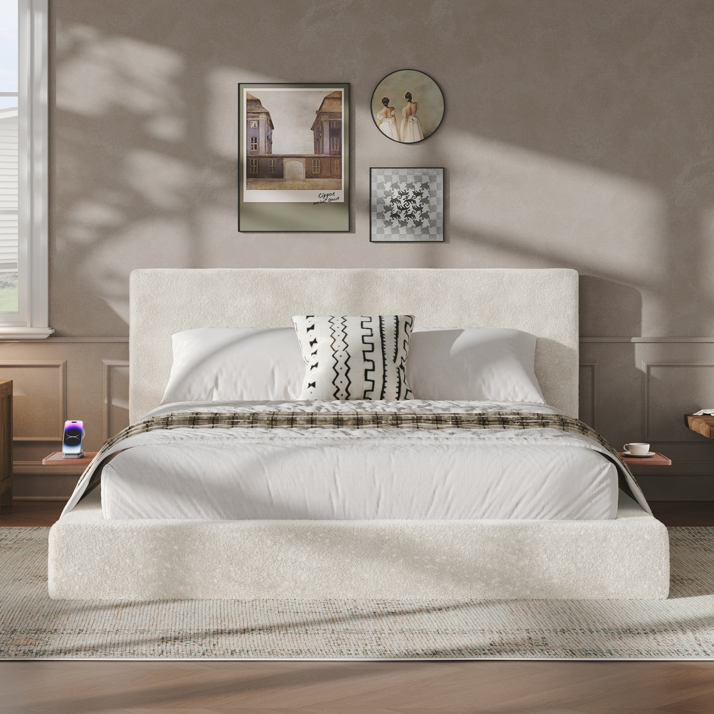 Bed Frame With Adjustable Sliding Side Table 8.7 Cloud Upholstered Sponge Cushion Easy Assembly