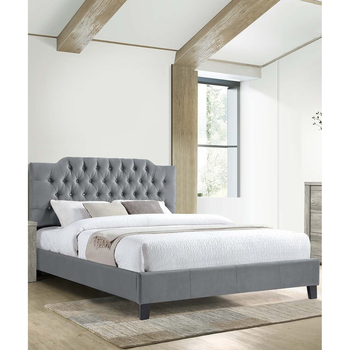 Bed Set 1Pc Diamond Button Tufted Headboard Gray Finish