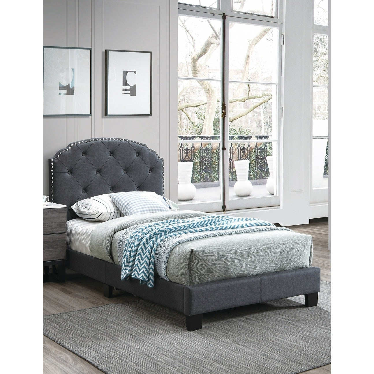 Bed Set 1Pc Nailhead Trim Button Tufted Headboard Charcoal Finish