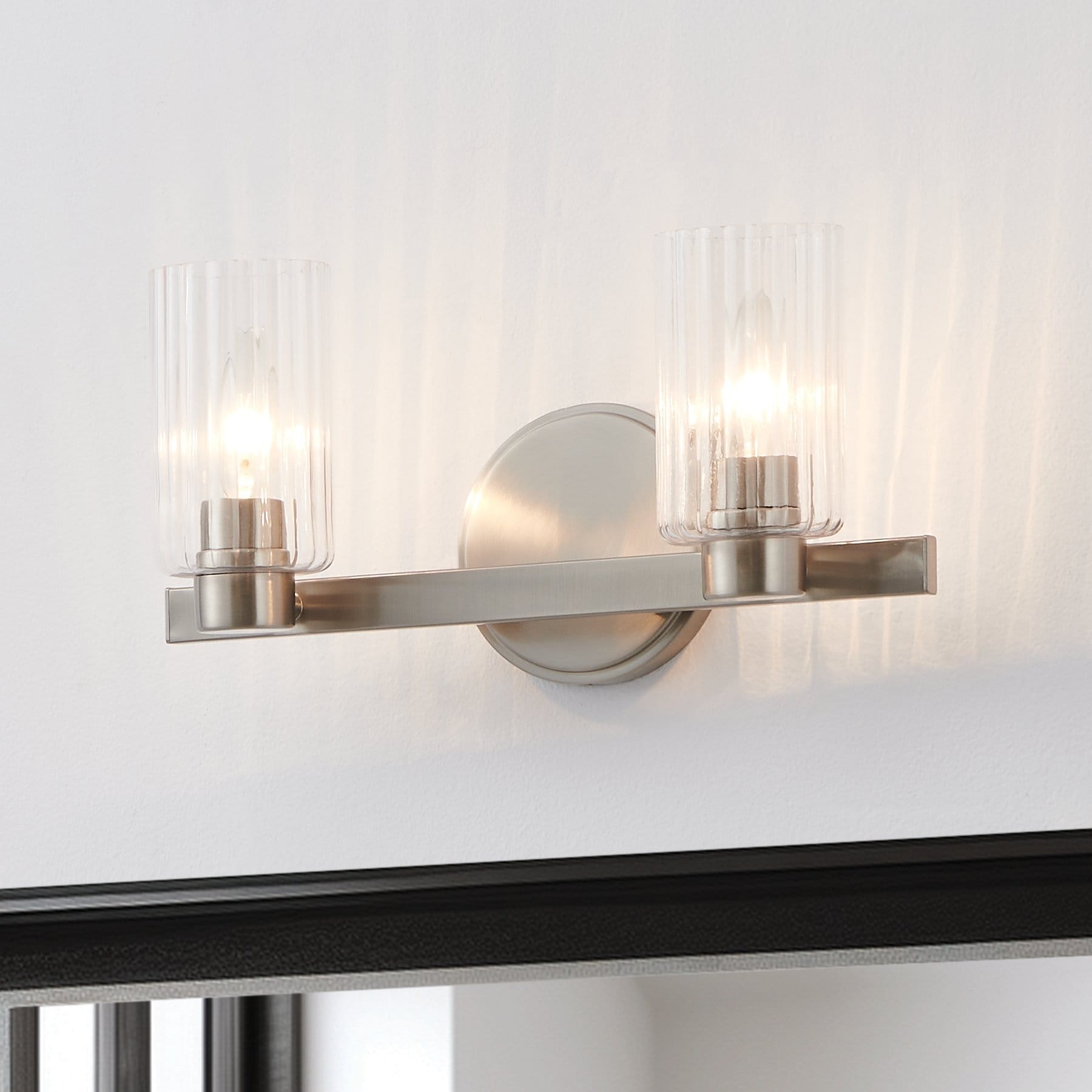 Bedminster 14 Inch 2 Light Brushed Nickel Vanity Light With Clear Ribbed Glass Shades
