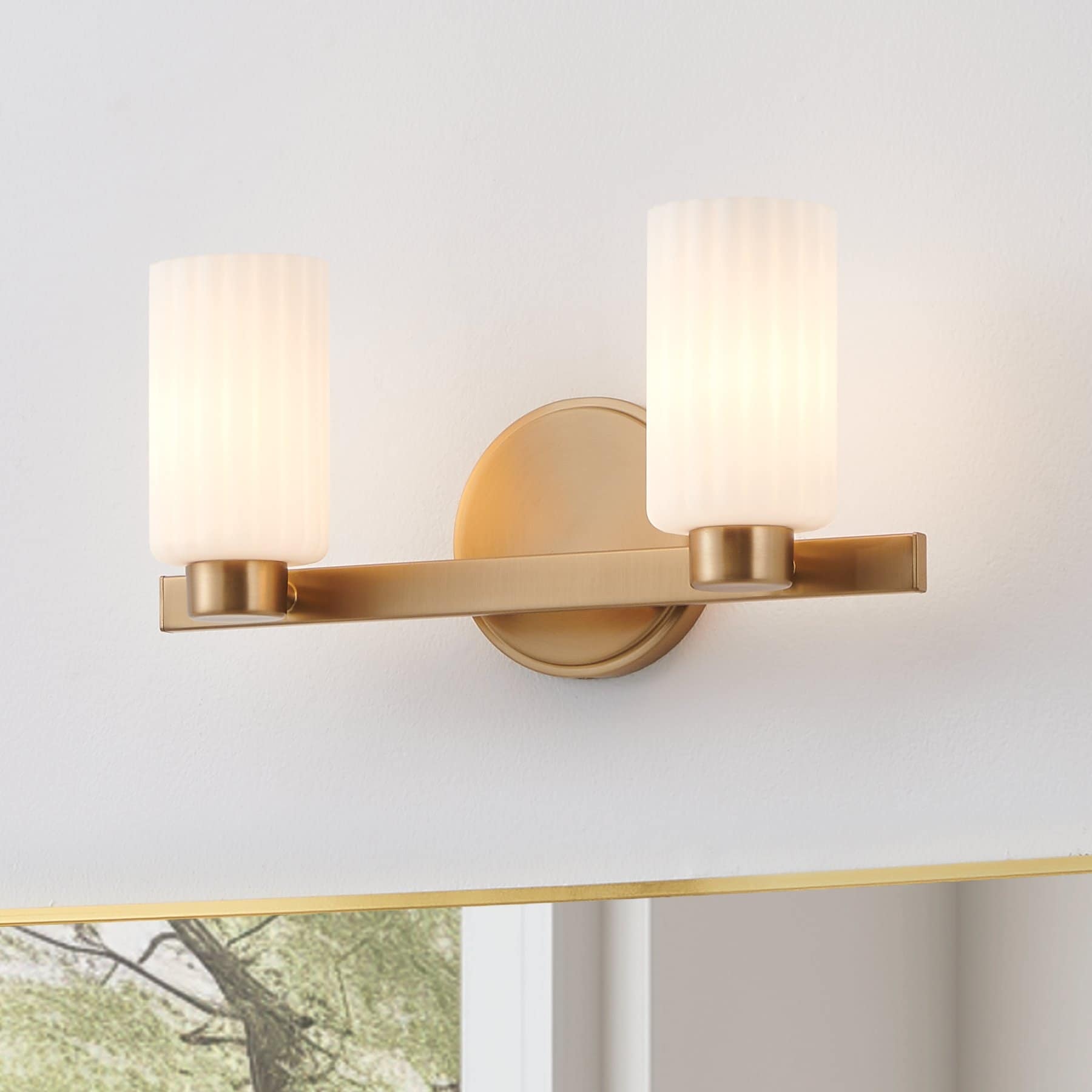 Bedminster 14 Inch 2 Light Champagne Gold Vanity Light With Etched Opal Ribbed Glass Shades