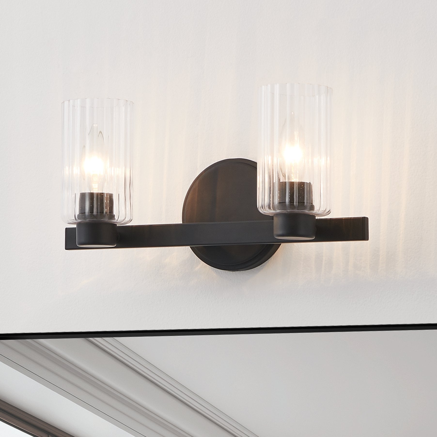 Bedminster 14 Inch 2 Light Matte Black Vanity Light With Clear Ribbed Glass Shades