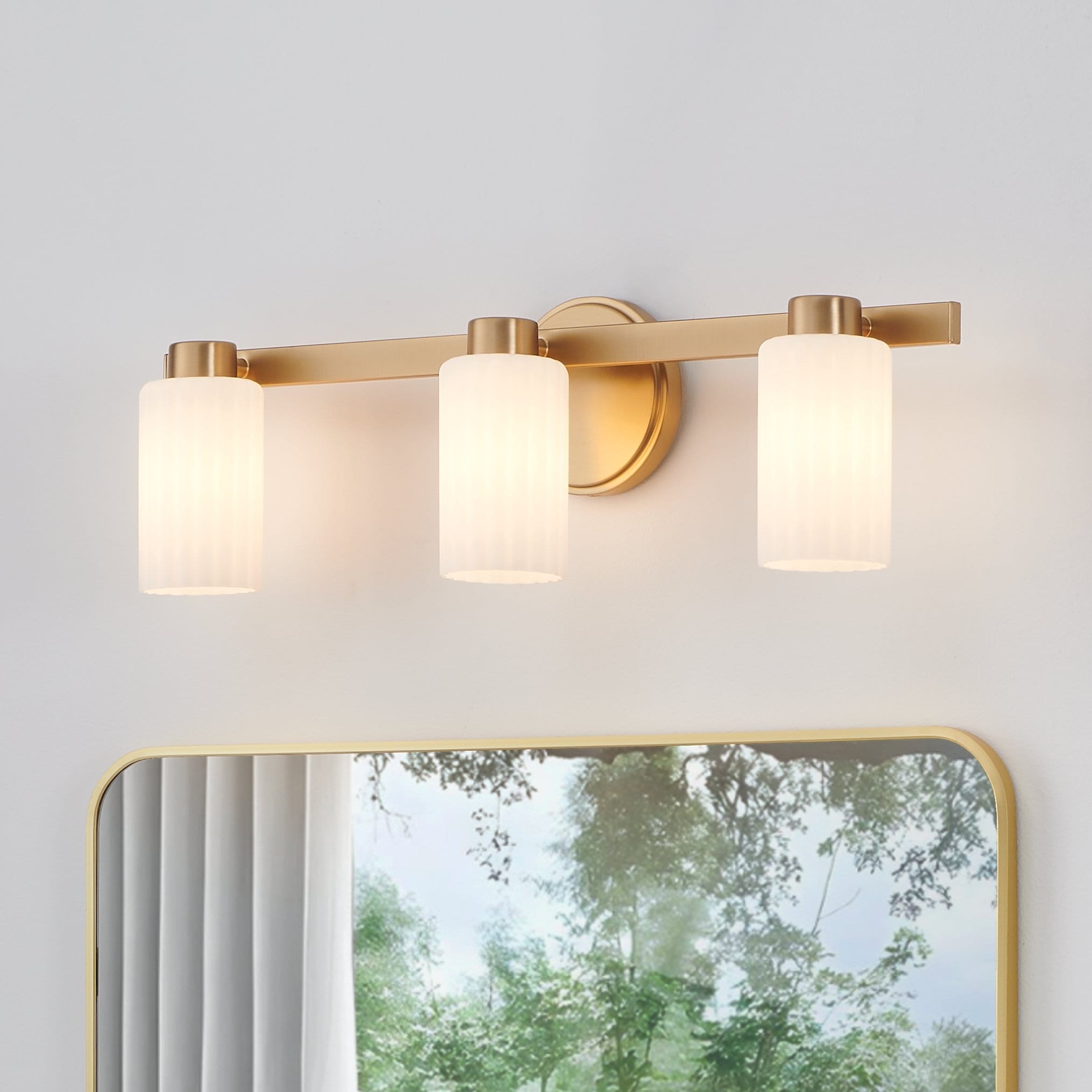 Bedminster 24 Inch 3 Light Champagne Gold Vanity Light With Etched Opal Ribbed Glass Shades