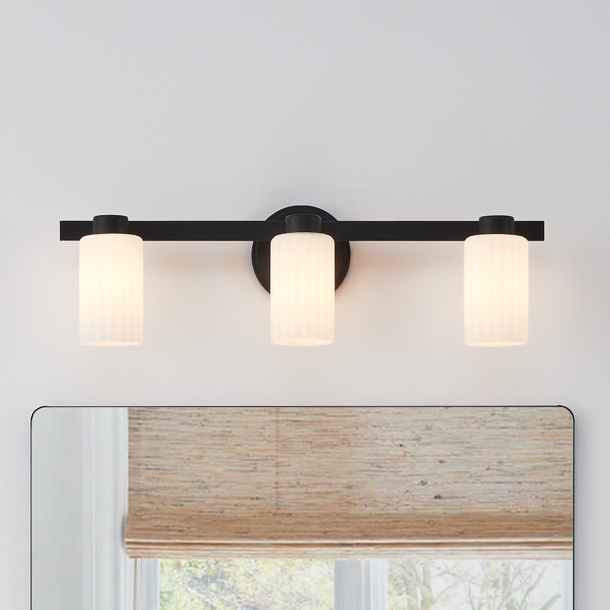 Bedminster 24 Inch 3 Light Matte Black Vanity Light With Etched Opal Ribbed Glass Shades
