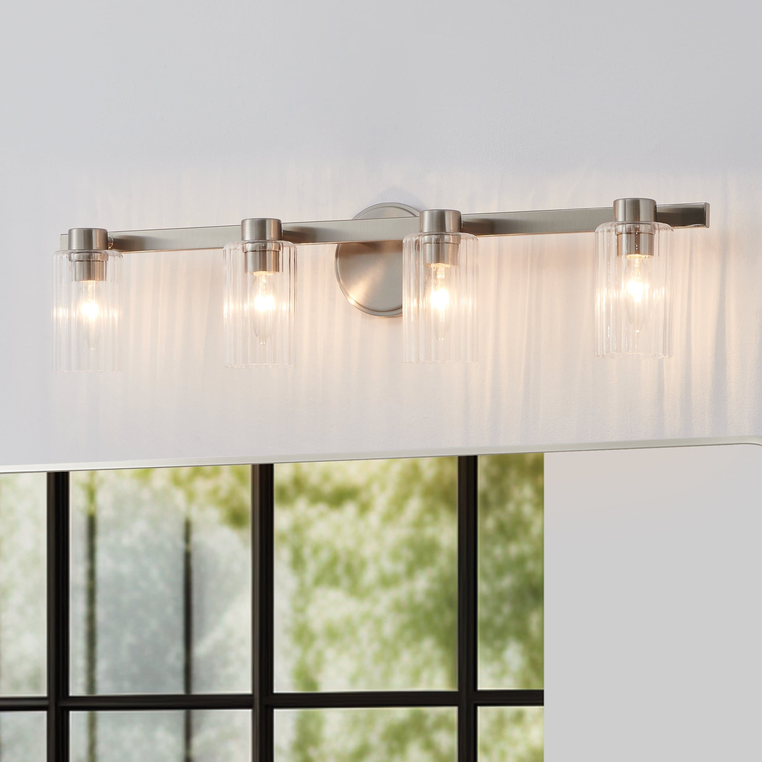 Bedminster 30 Inch 4 Light Brushed Nickel Vanity Light With Clear Ribbed Glass Shades