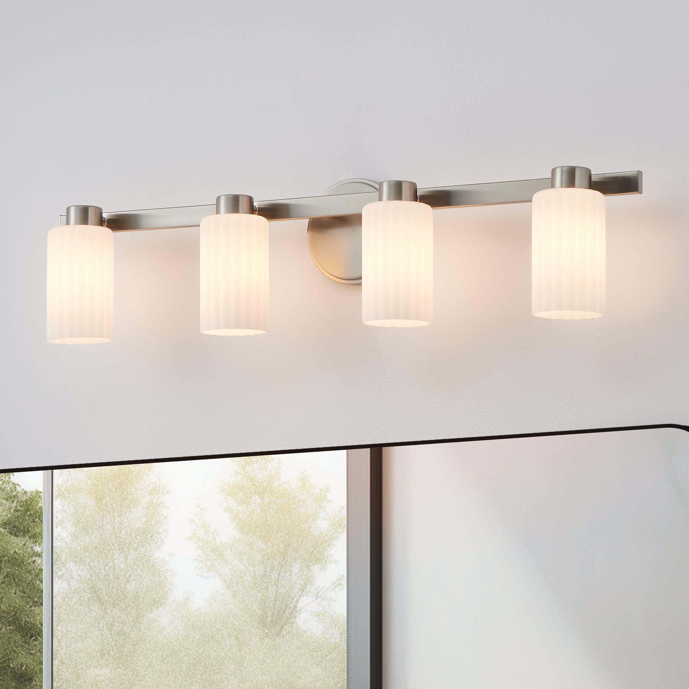 Bedminster 30 Inch 4 Light Brushed Nickel Vanity Light With Etched Opal Ribbed Glass Shades