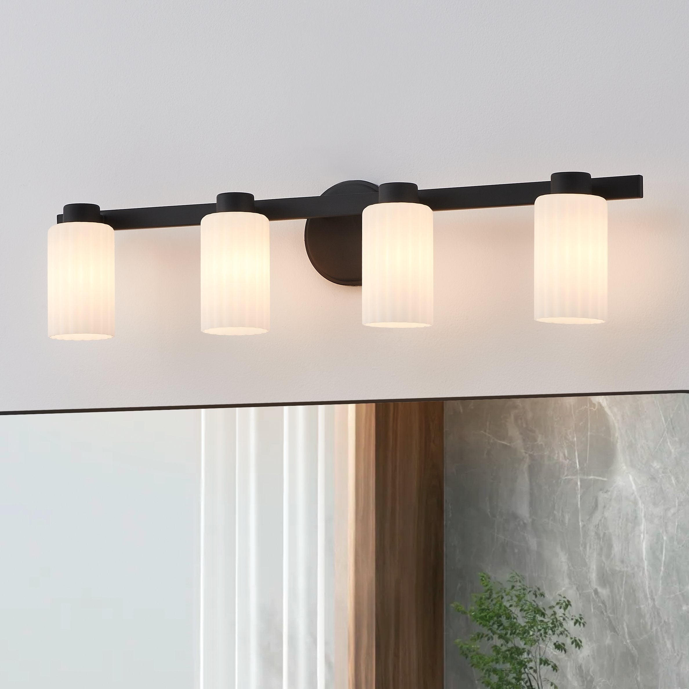 Bedminster 30 Inch 4 Light Matte Black Vanity Light With Etched Opal Ribbed Glass Shades