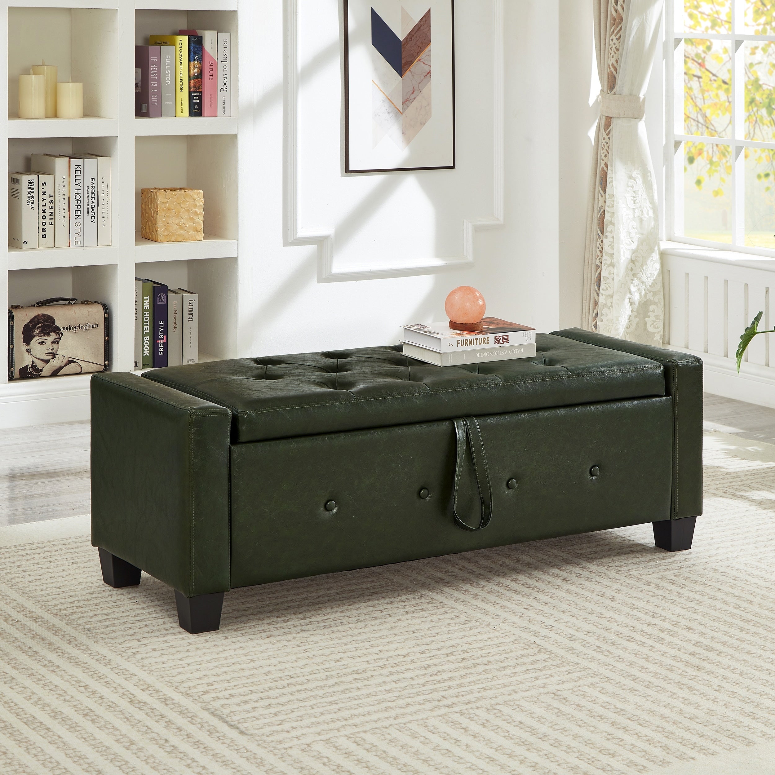 Bedroom End Of Bed Bench Storage Bench With Wood Legs Dark Green Leather Bench Upholstered Bench Dining Bench