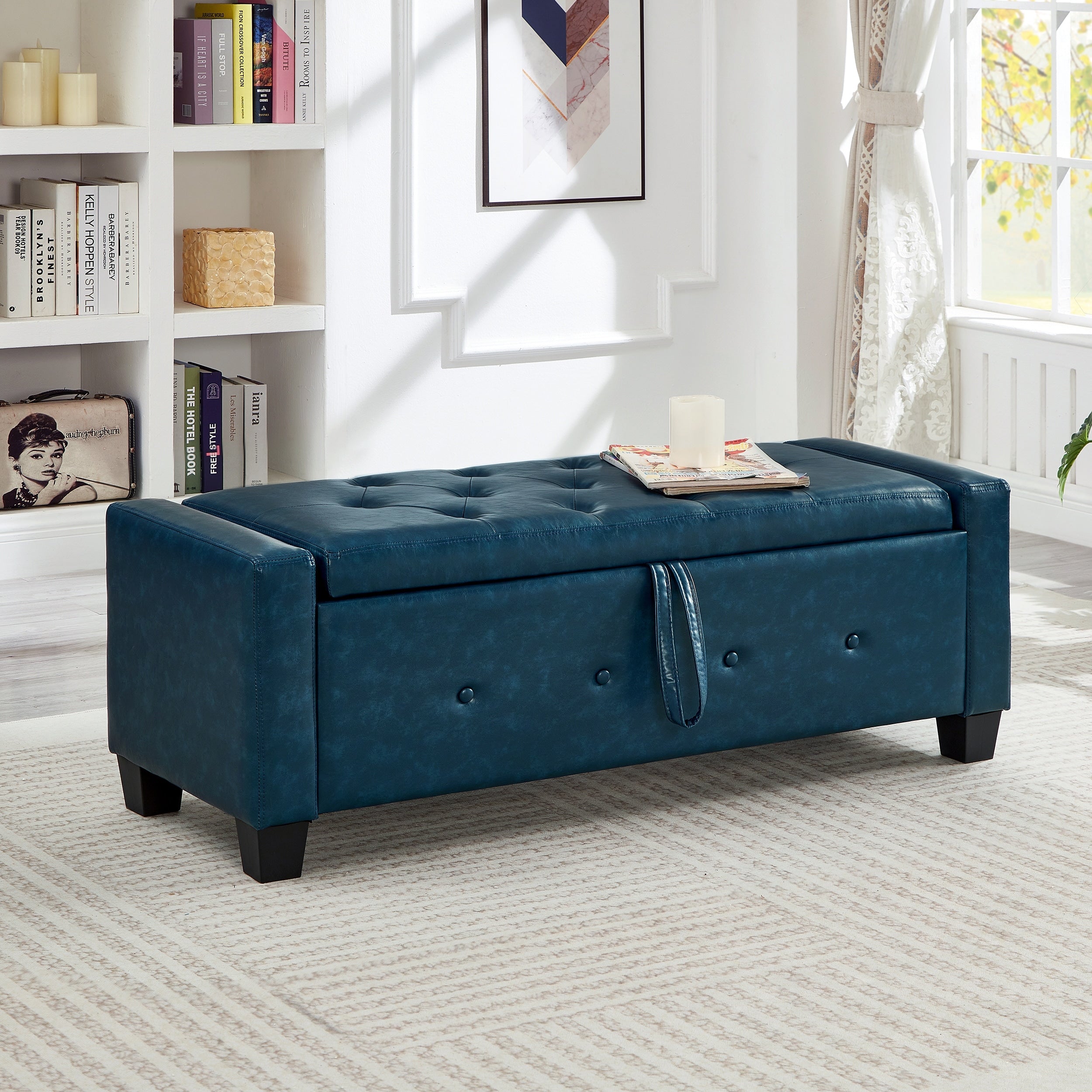 Bedroom End Of Bed Bench Storage Bench With Wood Legs Leather Bench Upholstered Bench Blue Dining Bench