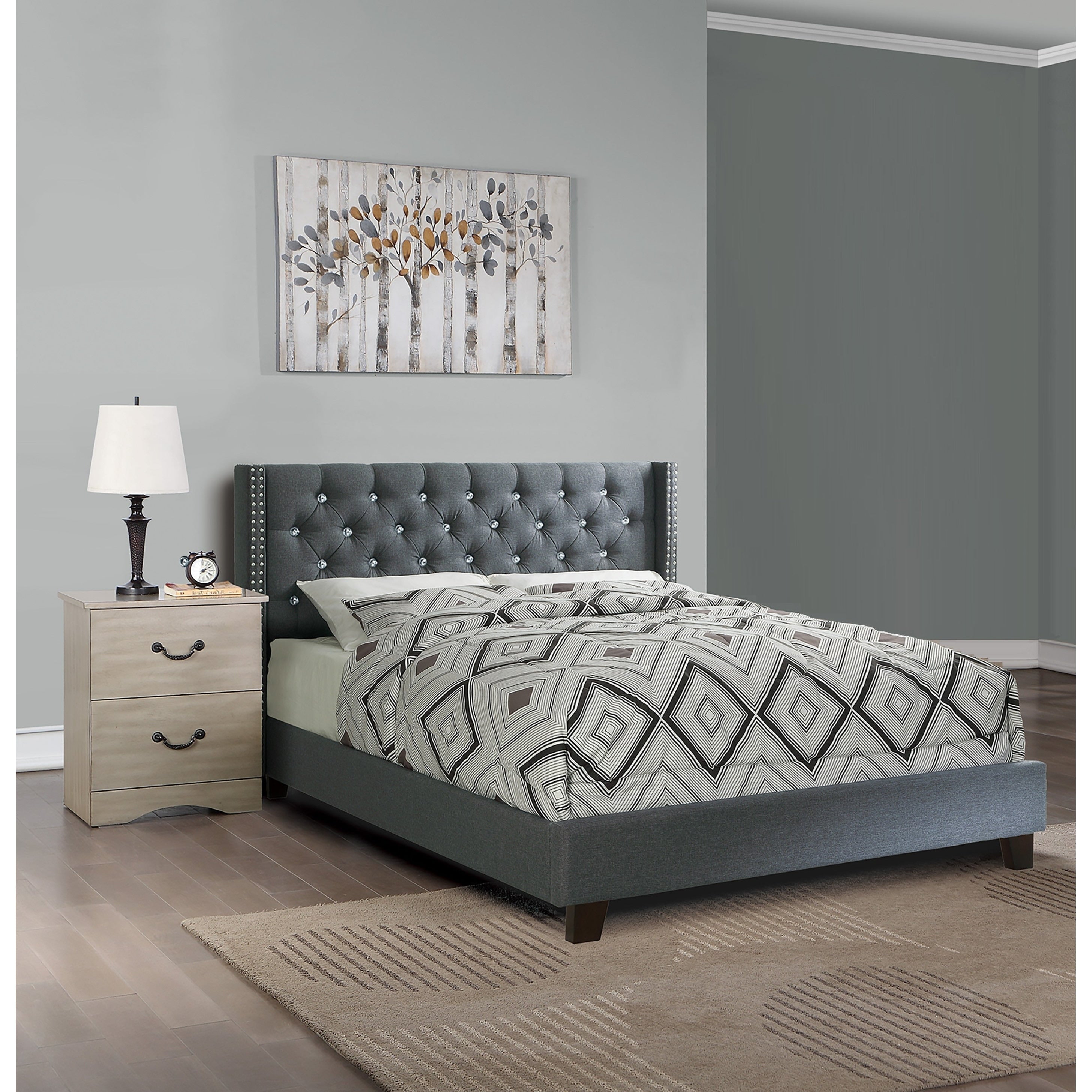 Bedroom Set Blue Gray Finish 3Pc Set Bed 2X Nightstand Pull Handles