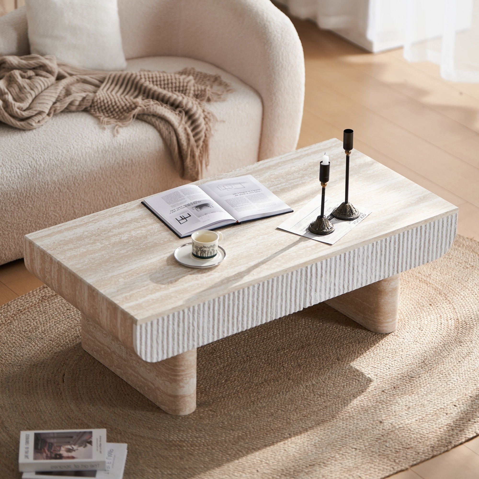 Beige Brown Coffee Table Center Table Side Table With Fluted Drawer Sofa Table End Table Decorative Table