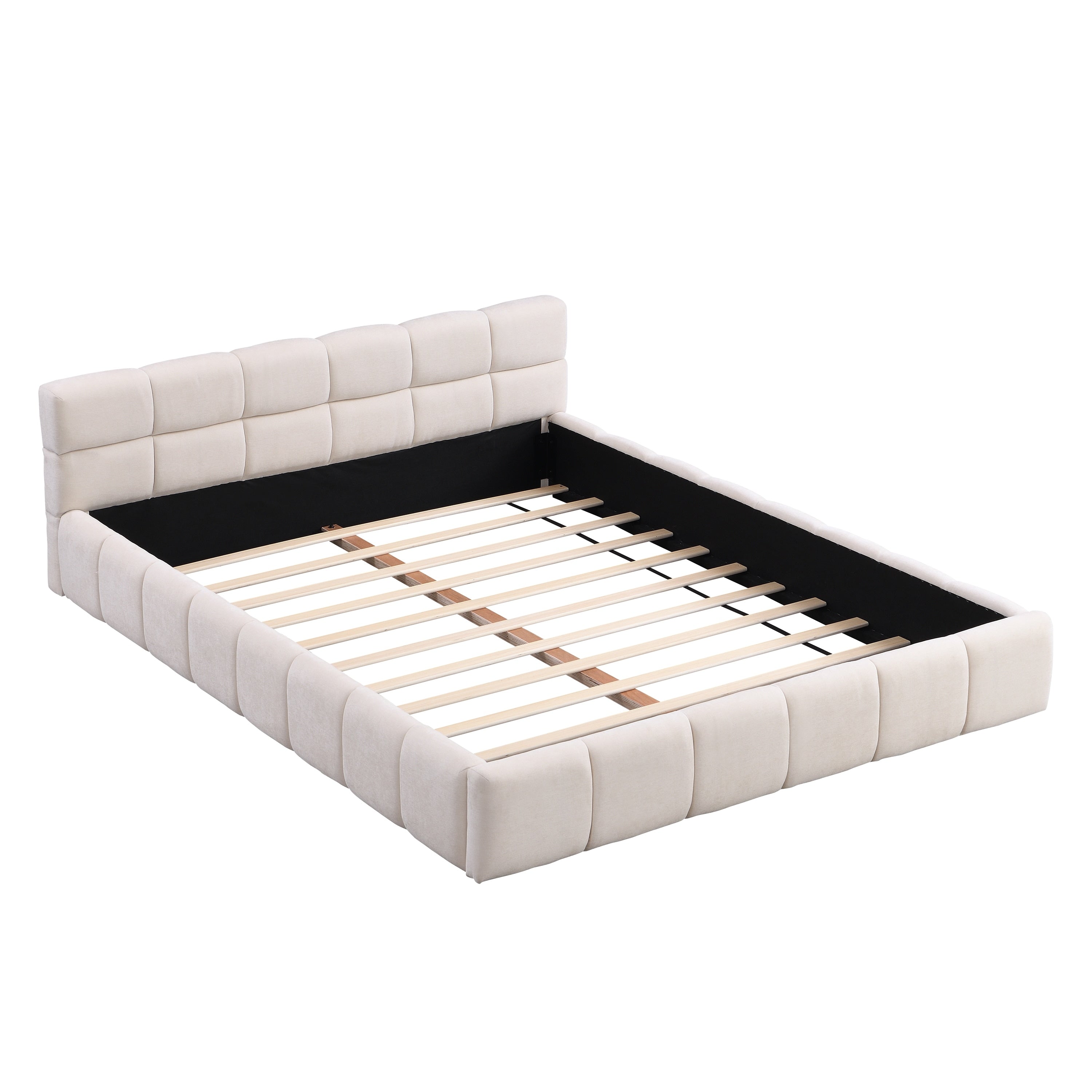 Queen King Beige Chenille Upholstered Bed With Checkerboard Headboard