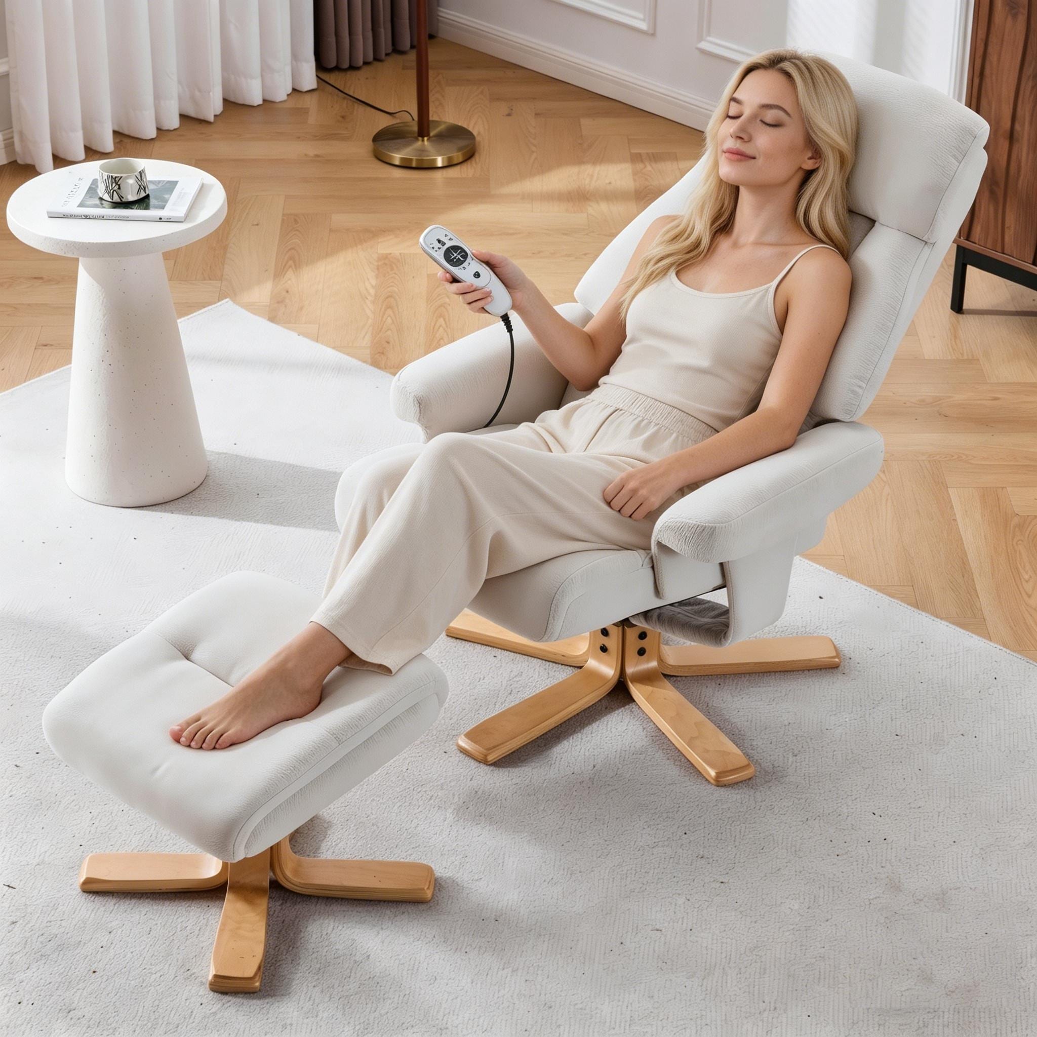 Beige Fabric Upholstered Heated Massage 360 Swivel Accent Chair Chair With Ottoman Ergonomic Comfort For Living Room