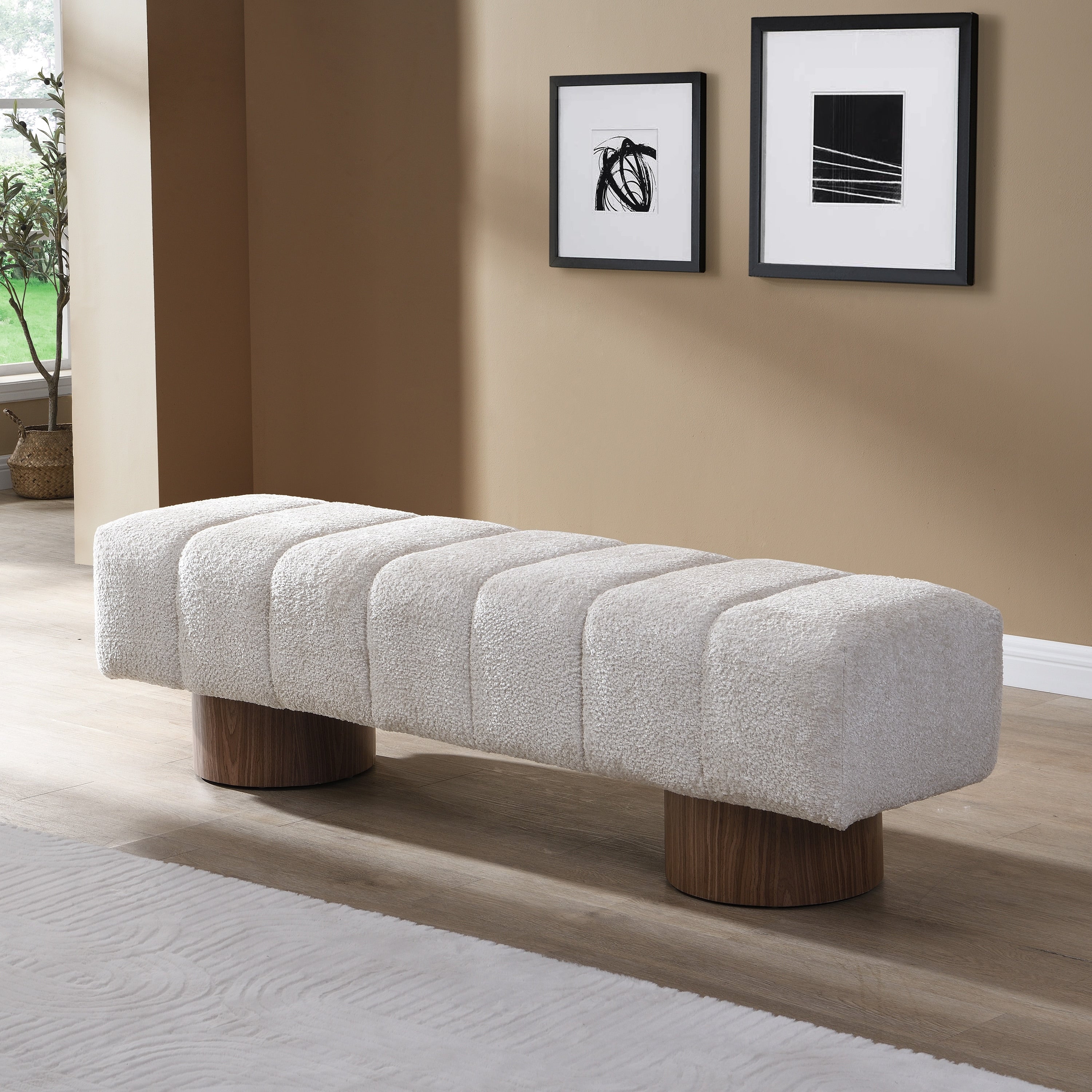 Beige Faux Fur Upholstered Dining Bench With 300Lbs Capacity For Entryway